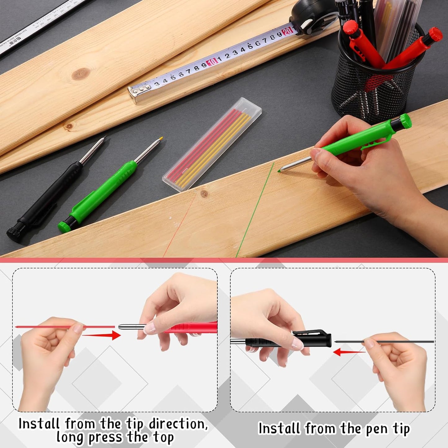 8 pack 2.8mm Mechanical Carpenter Pencils with 48 Refills, Construction Pencils with Built-in Sharpener, Long Nib Deep Hole Marker, Heavy Duty Woodworking Tools(Black+yellow+red+green)