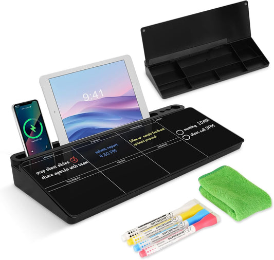 Desktop Glass Whiteboard with Storage, Weekly Calendar Desk Dry Erase White Board, Desk Organizers and Accessories, Weekly Planner Board for List, Planning, Memo, Note, Office, Home, College, School