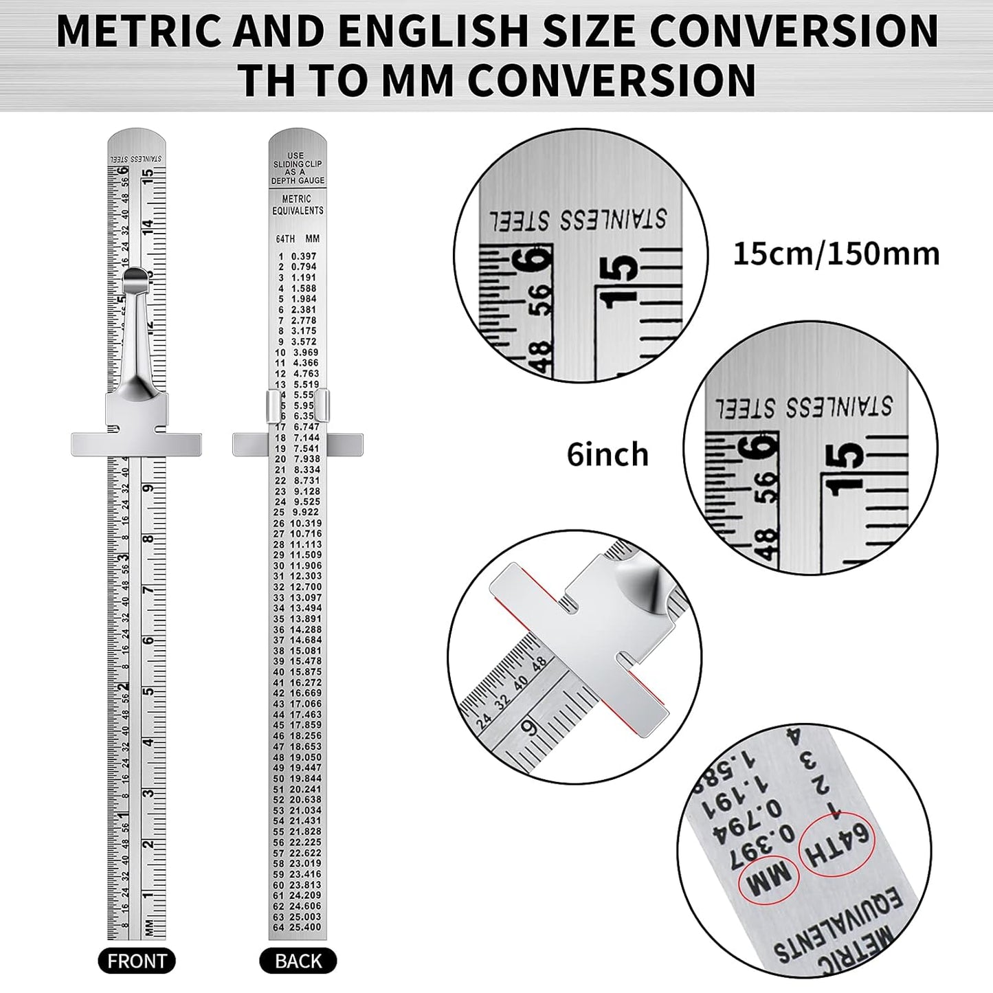 6 Inch 15 cm Pocket Ruler Flexible Precision Stainless Steel Ruler with Detachable Clips Stainless Steel Pocket Clip Scale Gauge Metric British System(6 Pieces)