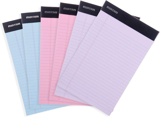 Mintra Office Legal Pads - ((BASIC PASTEL 6pk, 5in X 8in, NARROW RULED)) - 50 Sheets per Notepad, Micro perforated Writing Pad, Notebook Paper for School, College, Office, Professional