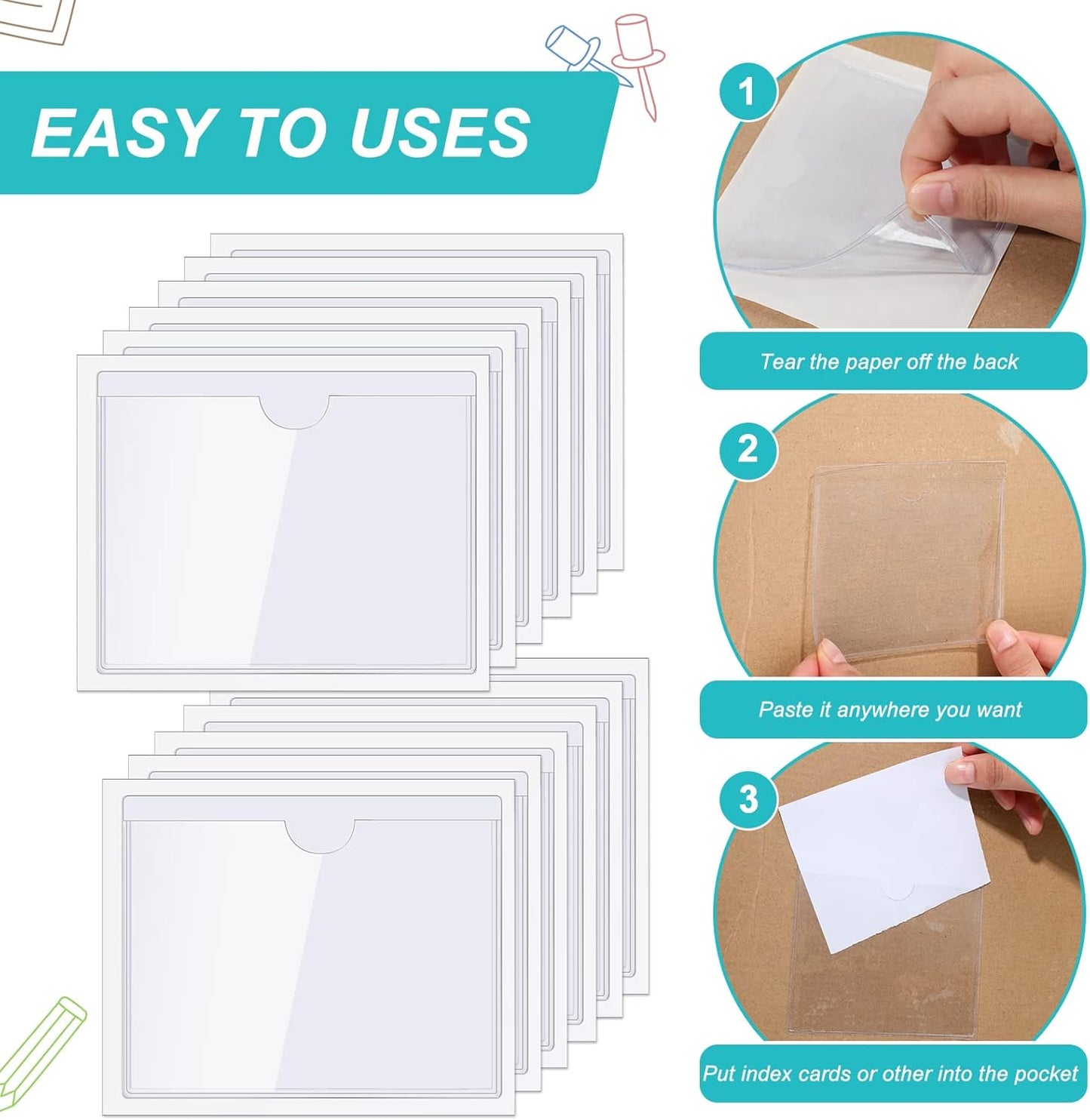Outus 100 Pcs Clear Self Adhesive Pockets - Bin Labels for Storage Bins, Pocket Label Sleeves, Plastic Index Card Holder with Top Open for Organizing Bins Box Drawer(3.5 x 4.4 Inch)