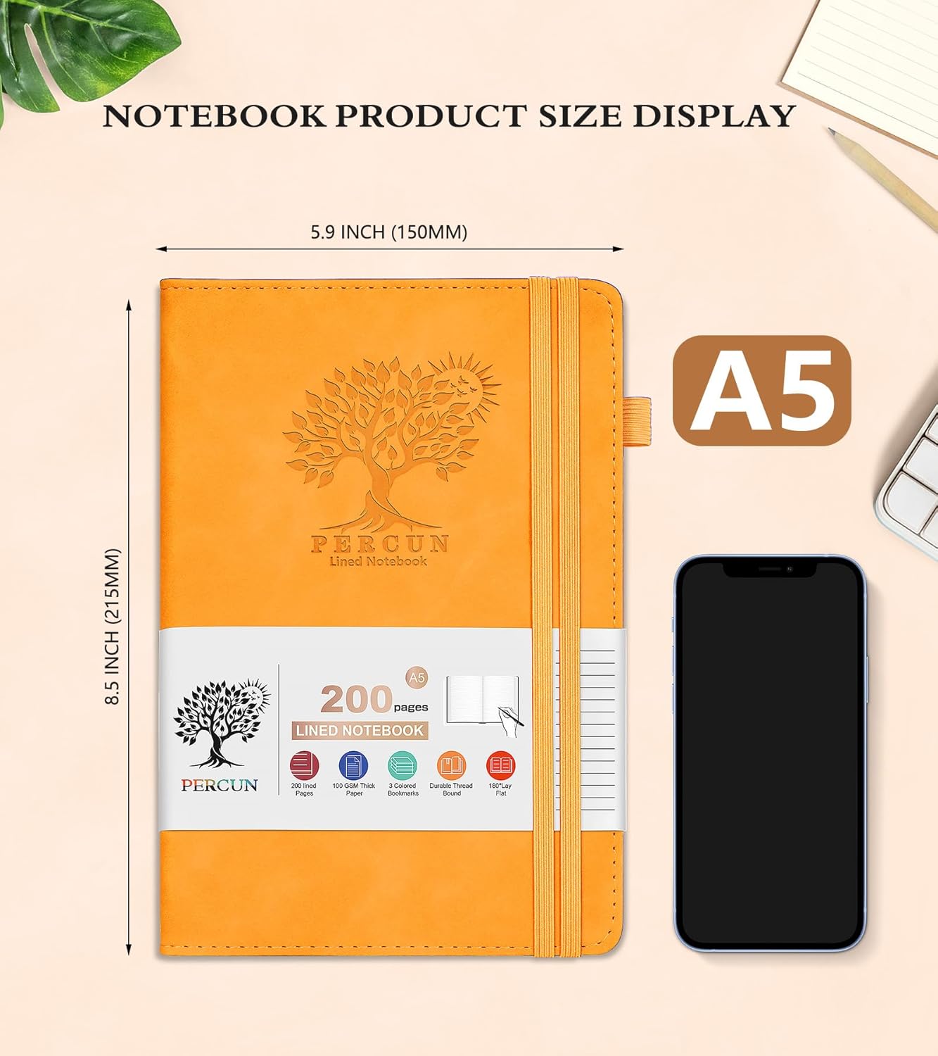 Lined Journal Notebook for Men & Women,200 Pages A5 Hardcover Leather Notebook (5.9"x8.5"), Travel Journal for Work, School, Business Writing, Note Taking, Notepad Diary (Yellow)