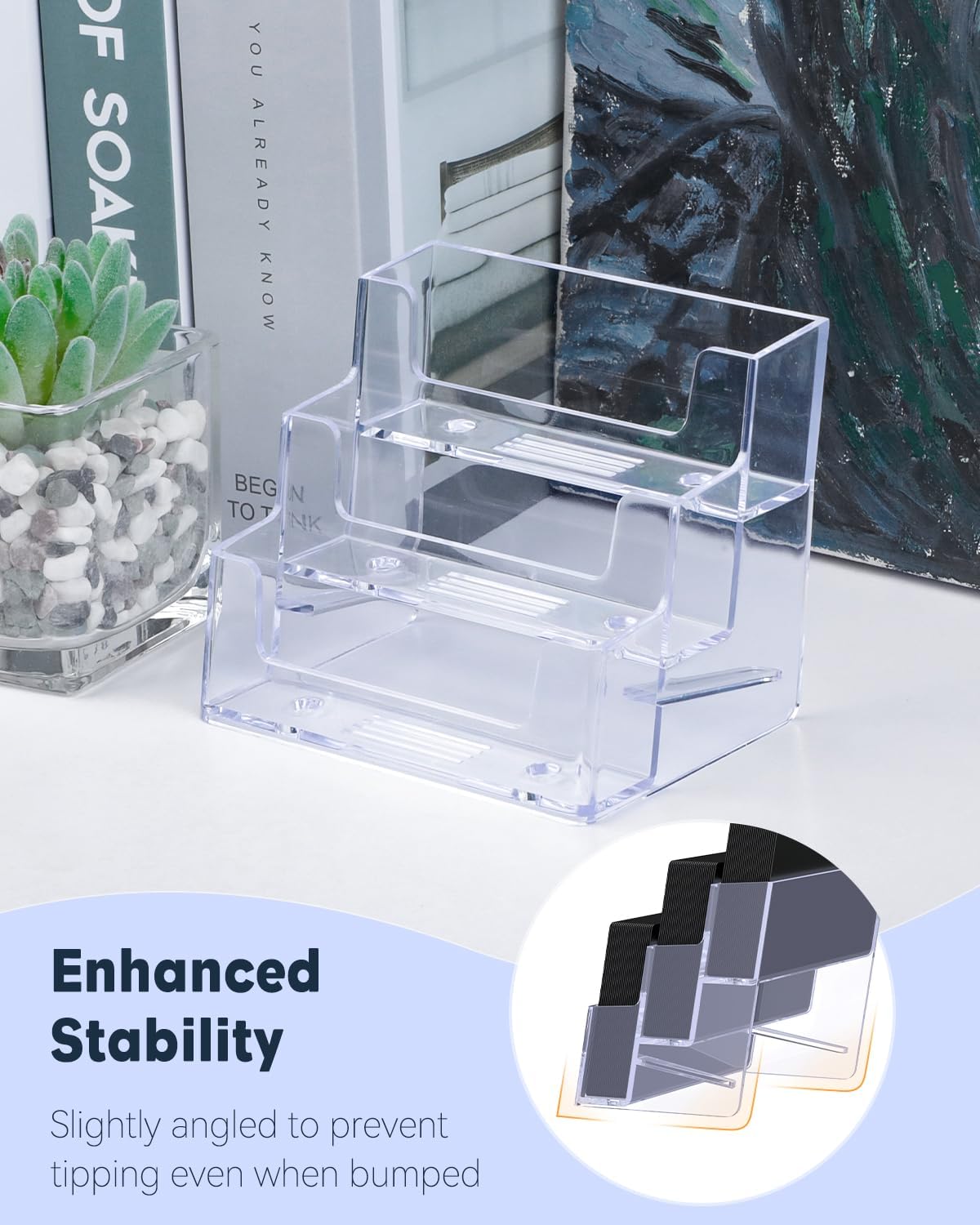 Uniclife 4 Pack Acrylic Business Card Holder for Desk 3 Slots Clear Business Card Display Stand for Men & Women Desktop Business Card Organizer Card Stand for Office Home Exhibition, 180 Card Capacity