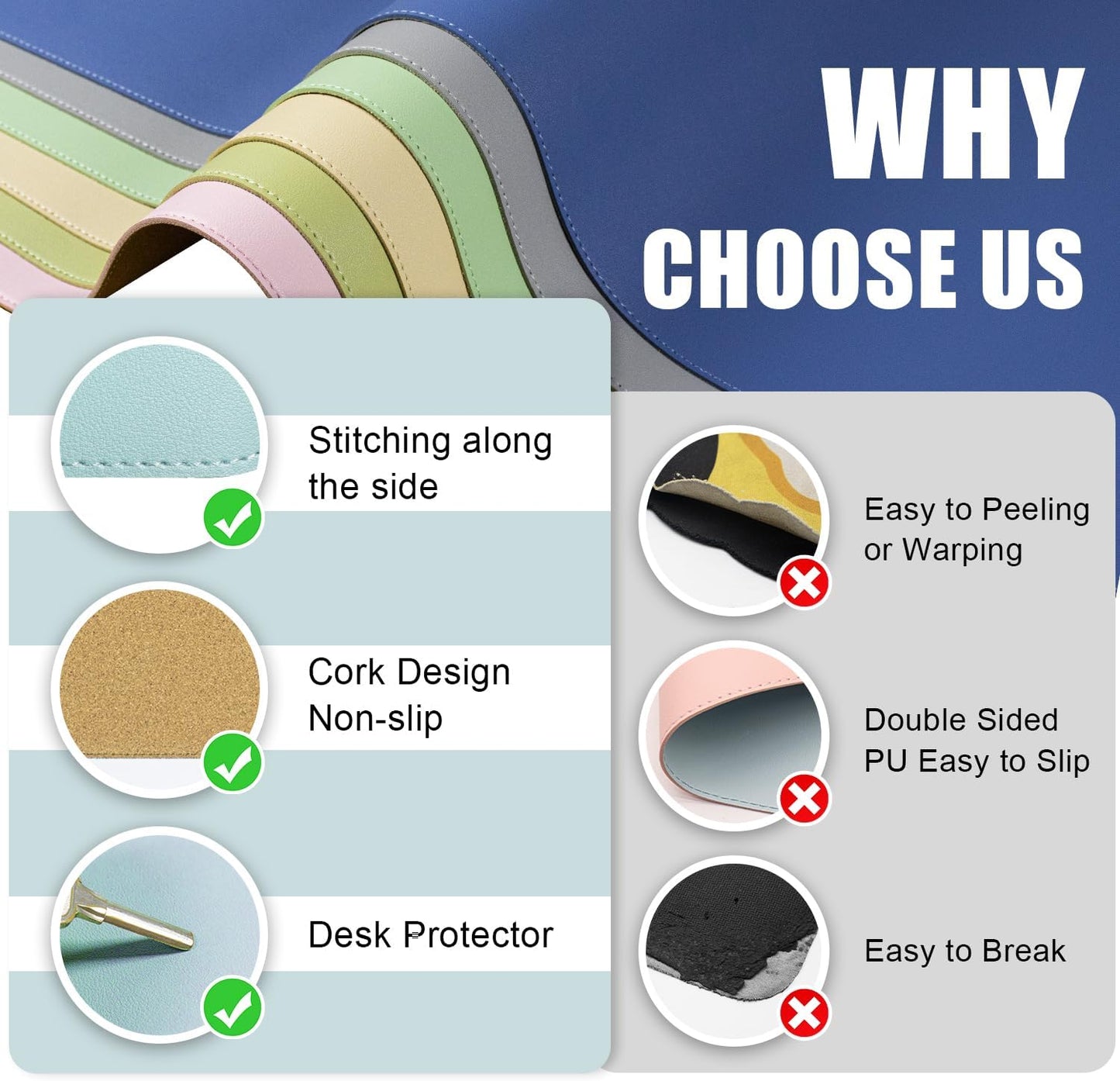 Dual-Sided Desk Pad, Natural Cork & PU Leather Mouse Pad for Desk, Desk Pad Protector, Non-Slip Desk Mat for Office and Home Work, (Light Blue, 23.6" x 13.7")