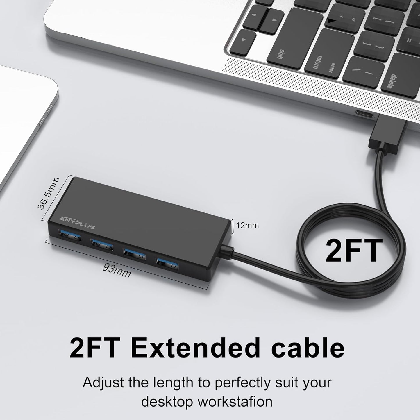 USB Hub, Multiport USB Splitter Adapter, 2 ft Long Cable USB 3.0 Hub, USB Extender for Laptop, PC, iMac, Surface Pro, MacBook, Mac Pro, Flash Drive, XPS, Mouse, HDD