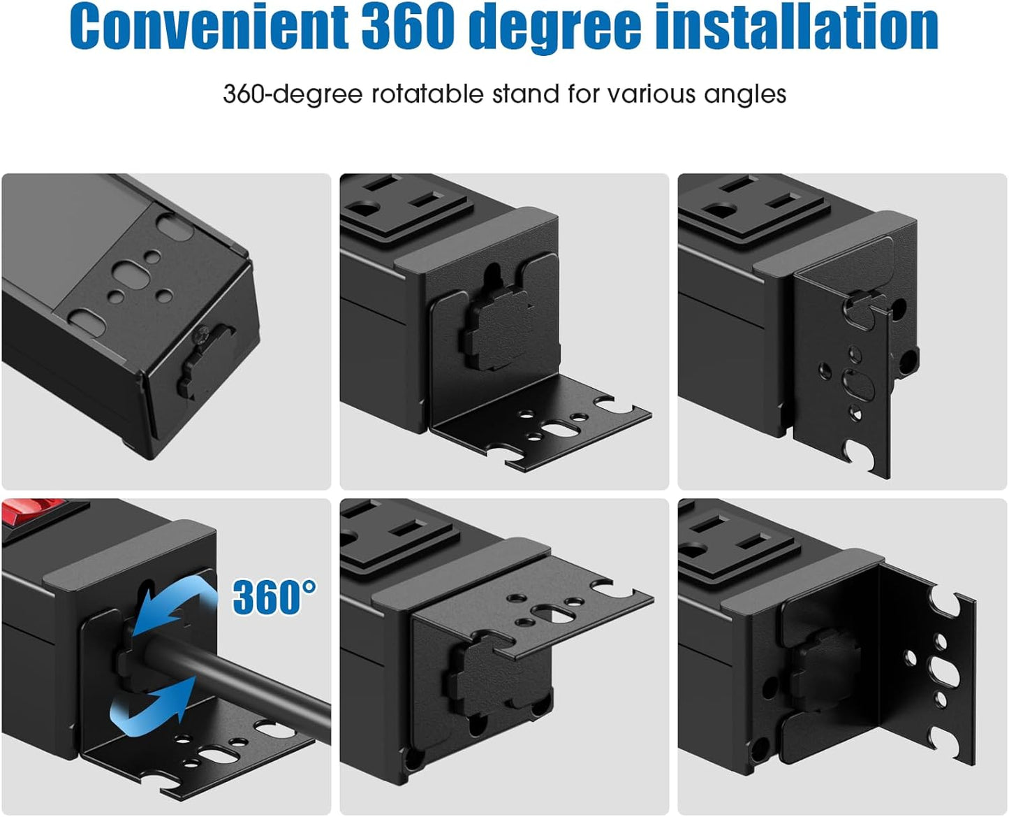 2Pack Rotating Mountable Power Strip, 12 Outlet Wall Mount Surge Protector, Metal Heavy Duty and Versatile Outlet Strip, Stylish Appearance, Sturdy and Durable, 6ft Power Cord.(Black)