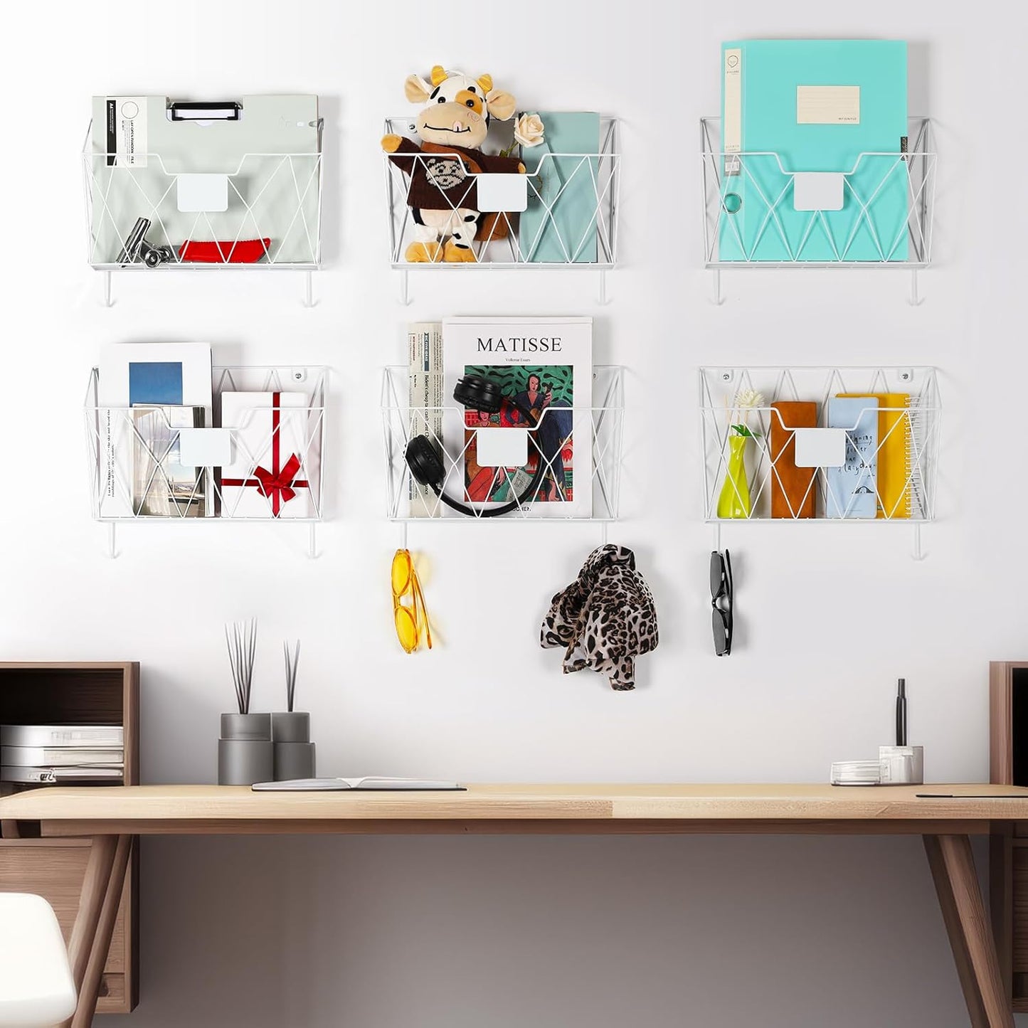 Wall File Holder 6 Pockets Hanging Wall File Organizer, for Papers, Files Clipboard & Magazine Organizer, Wall Mount File Holder Rack for Office Home, White