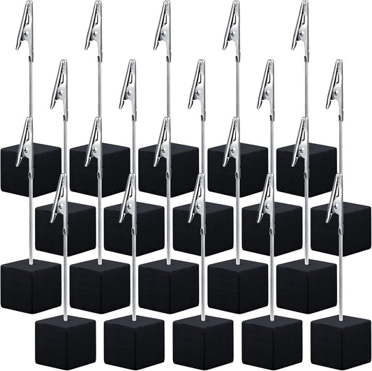 20 Pcs Cube Base Memo Clip Holder with Alligator Clip Wood Table Number Holder Cube Base Place Card Stand Mini Photo Menu Stand for Displaying Number Card(Black)