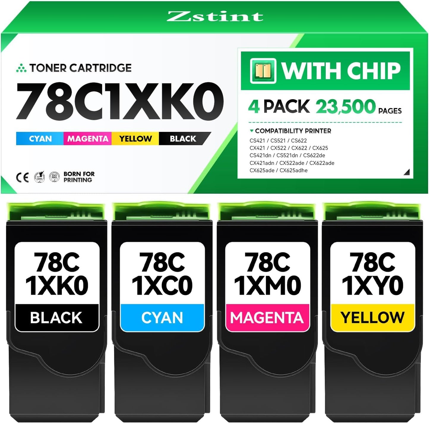 78C1XK0 78C1XC0 78C1XM0 78C1XY0 Toner Cartridge Set 4-Pack Printer High Yield Replacement Compatible with Lexmark CS421dn CS521dn CS622de CX421adn CX522ade CX622ade CX625ade CX625adhe Laser Ink Black