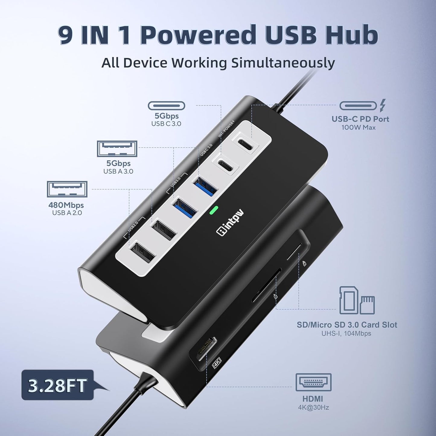 9-in-1 USB-C Docking Station - 4K HDMI, PD 100W, 3 Type A/C 3.0 5Gbps, 2 Type-A 2.0, SD/TF, Aluminum USB C Hub Compatible with MacBook, iPad, iPhone 16/15