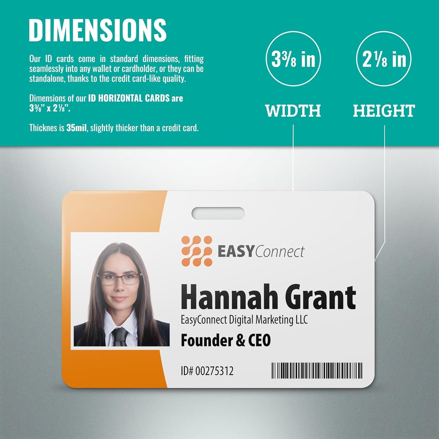 Custom Print Employee ID Badge, Double Sided with Name, Photo, Logo, and Barcode – Unique Photo ID Card Solution (ID Horizontal)