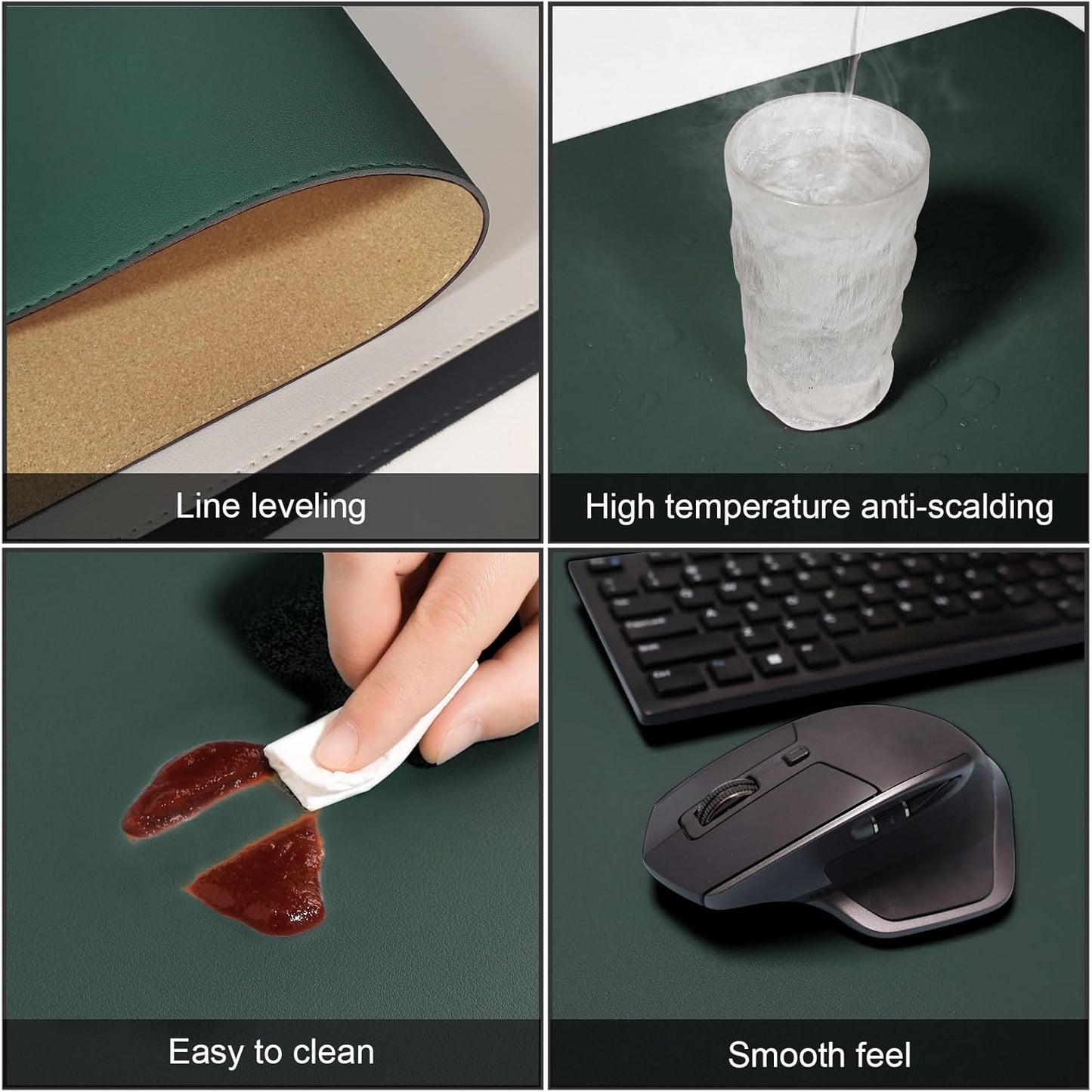 DAWNTREES Dark Green Desk Mat,Leather Desk Pad,35.5"x17",Cork Desk Mat Protector,with PU Leather Valet Tray Organizer,Large Mouse Pad,Desk Writing Pad for Office and Home