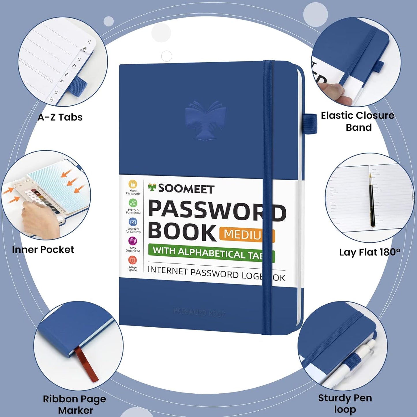 Password Book with Alphabetical Tabs, Hardcover Password Keeper, A5 Size 8.3"x6" Password Notebook for Saving Internet Login, Username, Password Organizer for Computer & Website Logins, Blue