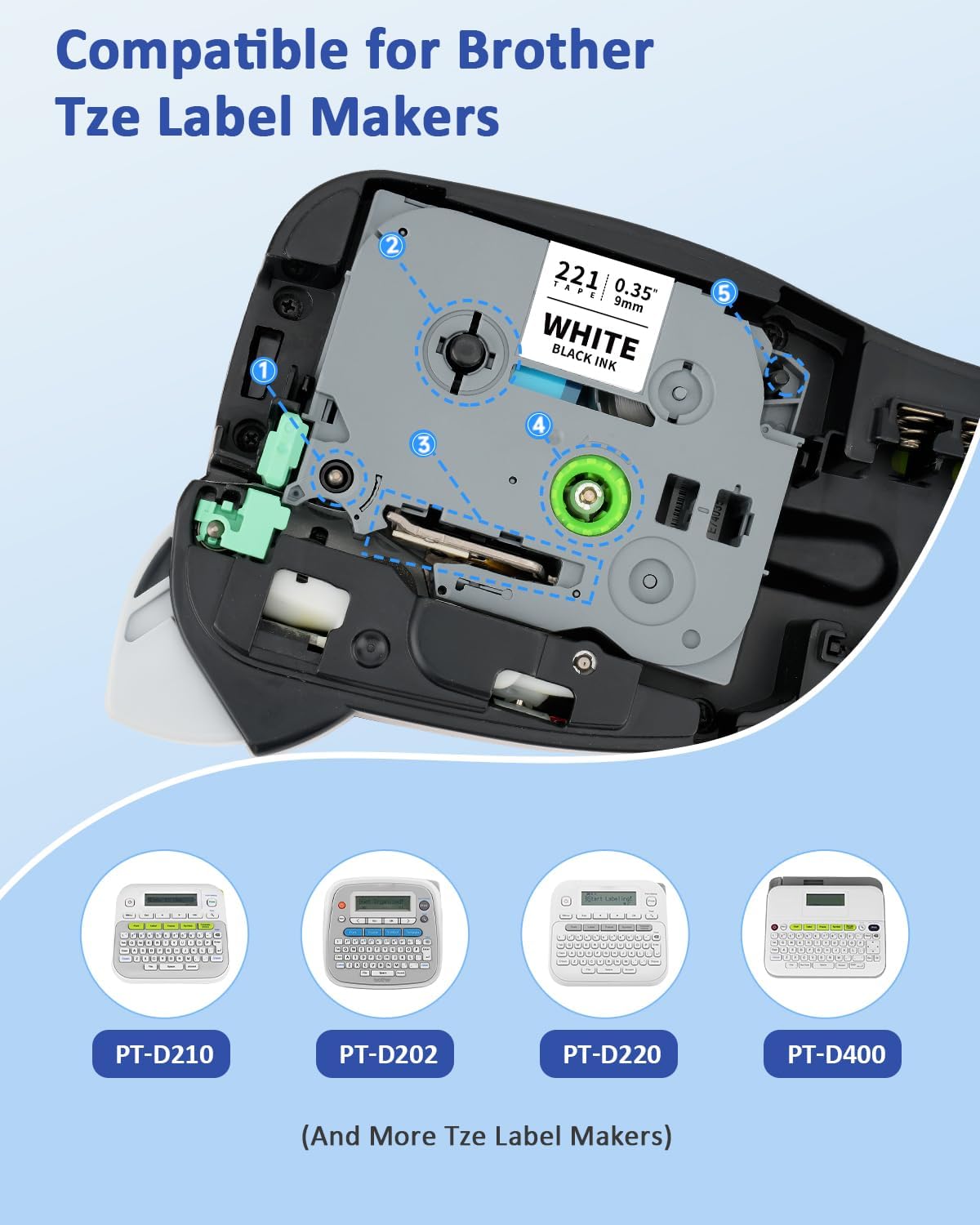 TZ Tape Tz-221 9mm 0.35 Laminated White Tape Compatible for Brother P-Touch TZe221 3/8 Inch Refill Work with Brother Label Maker Tape PT-D210 PT-D220 PT-H110 PT-1890 PT-D600 PT-D410, 4-Pack
