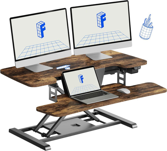 FLEXISPOT 35" Electric Standing Desk Converter, Height Adjustable Motorized Desk Riser for Computer Monitors & Laptop Workstation, Rustic Color