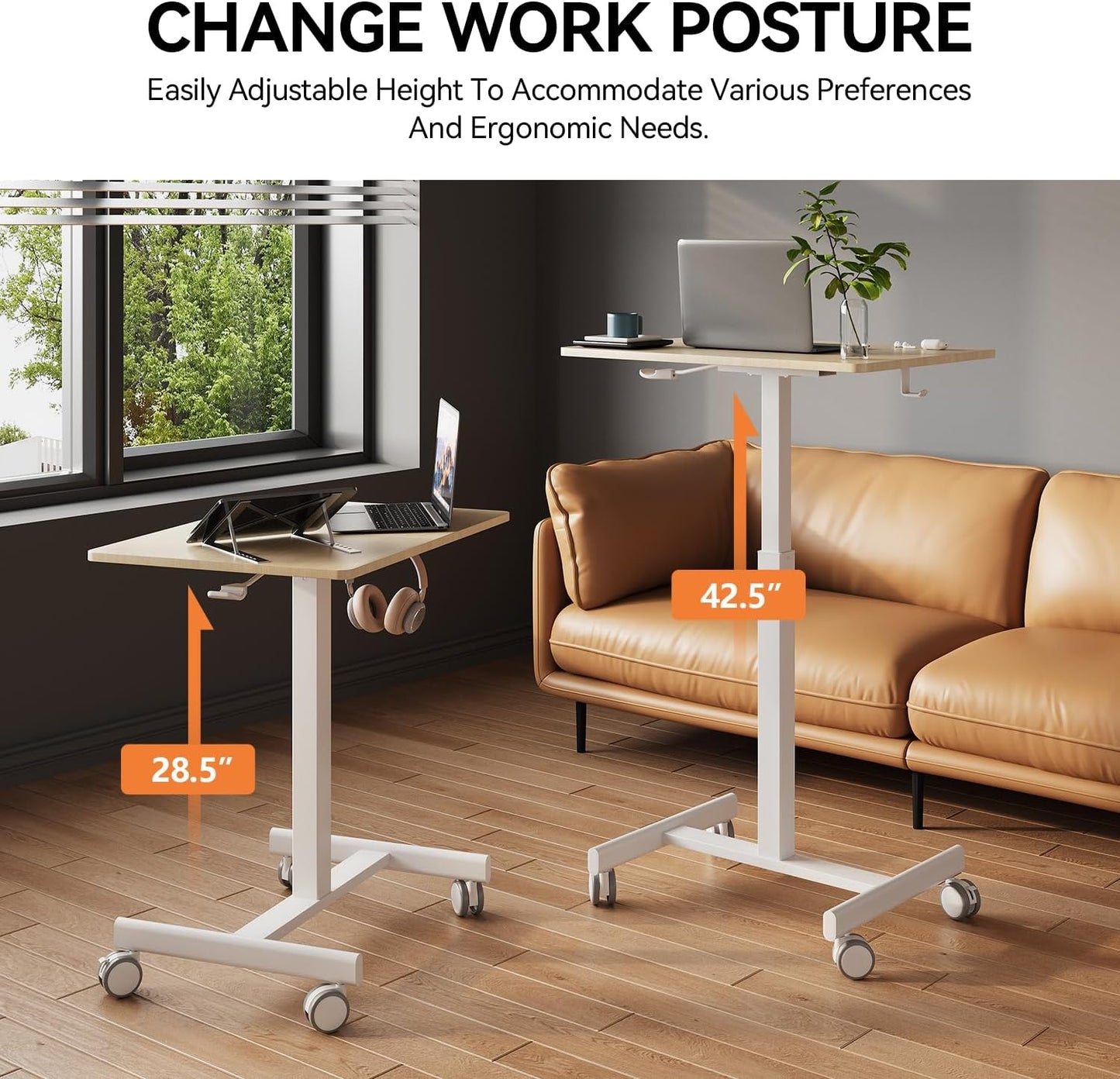 Mobile Small Standing Desk, Gas Spring Adjustable Height Rolling Portable Laptop Desk with Lockable Wheels, Computer Workstation, Rolling Podium (Maple Top + White Frame, 18 * 26)