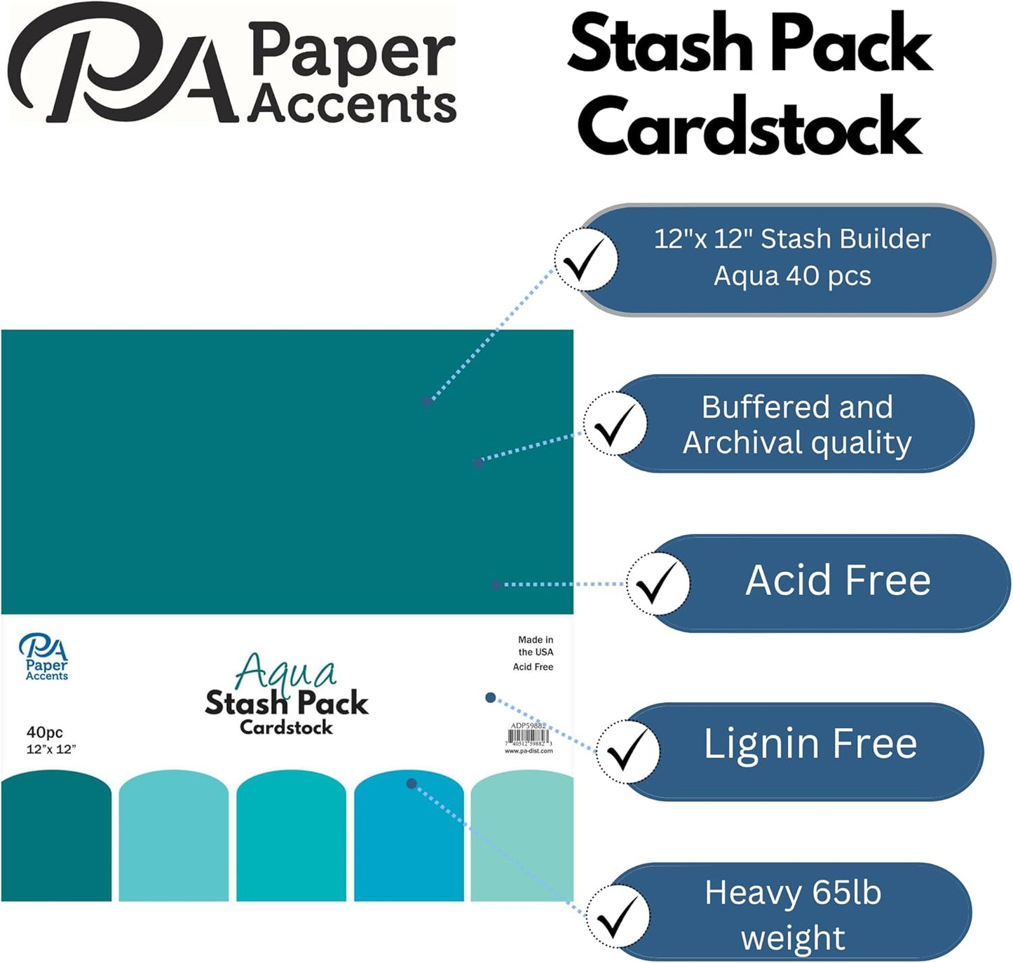 PA Paper Accents Stash Pack Cardstock Pack 12" x 12" Aqua colored cardstock paper for card making, scrapbooking, printing, quilling and crafts, 65lb., 40 pieces