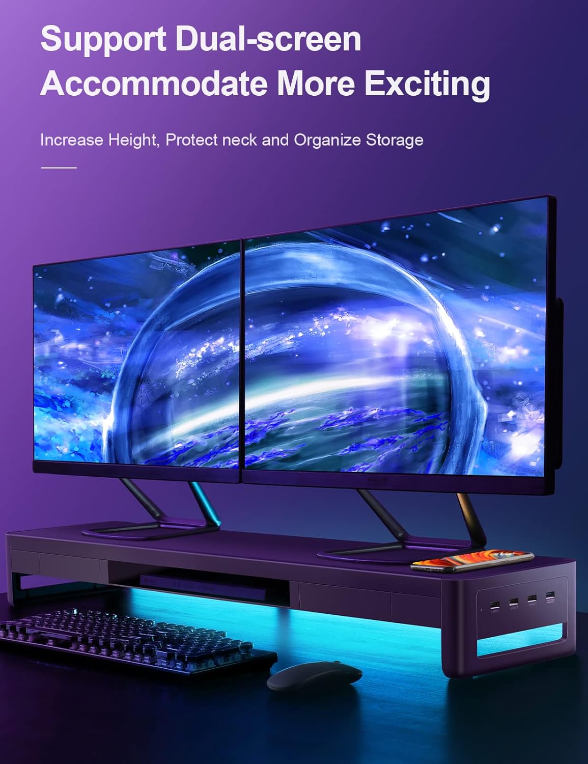 meatanty Dual Monitor Stand Riser with 2 Storage Drawers and 4 USB Ports, Metal Stand for 2 Monitors Supports Data Transfer and Charging, Desk Organizer for PC, iMac (38.7 inches)