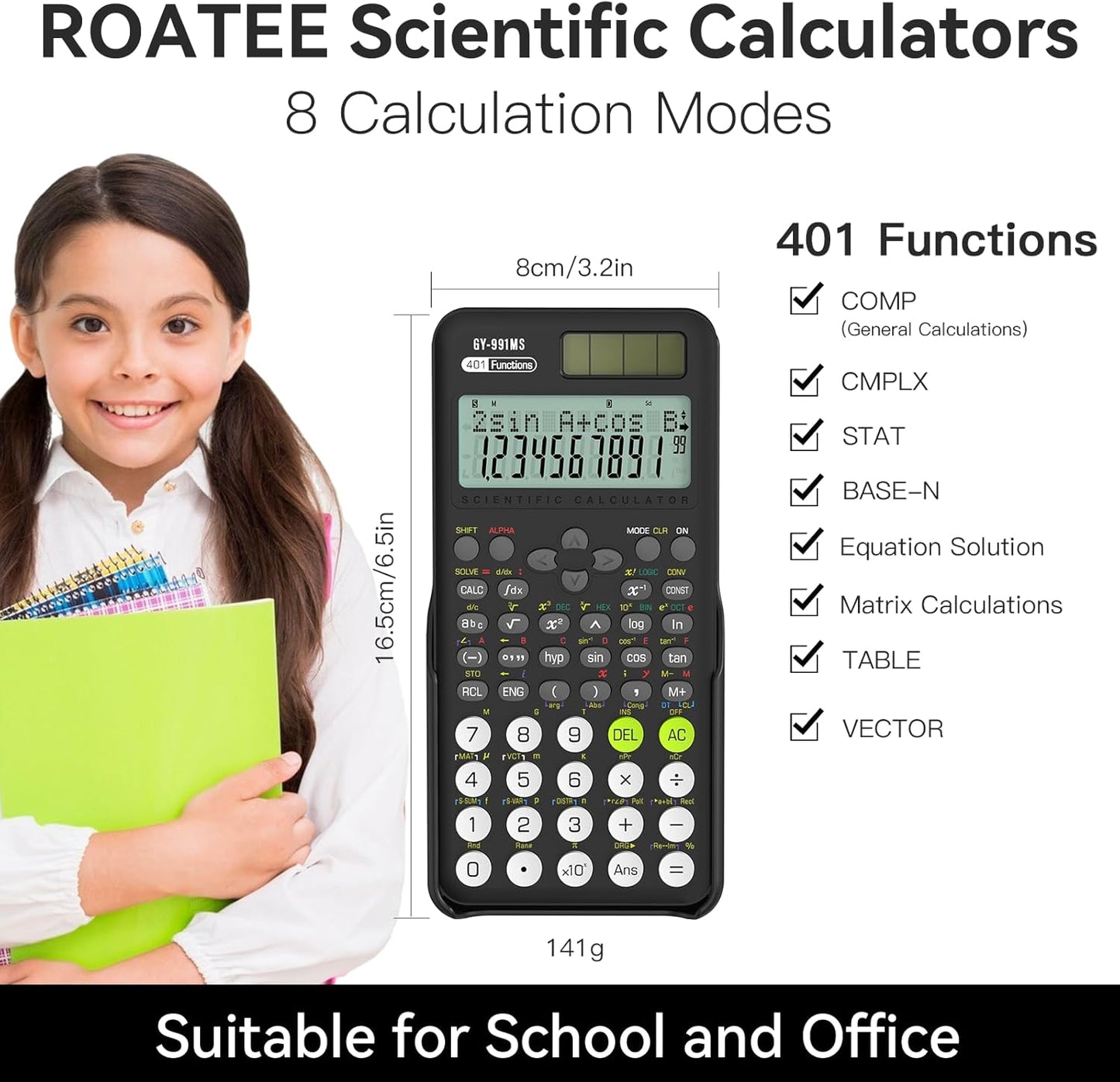 Scientific Calculators Bulk 8 Pack School Supplies, ROATEE 991MS 401 Functions 2-Line Display Desktop Calculator for Student with Sliding Cover, Solar Battery Dual Power for Middle High School Teacher