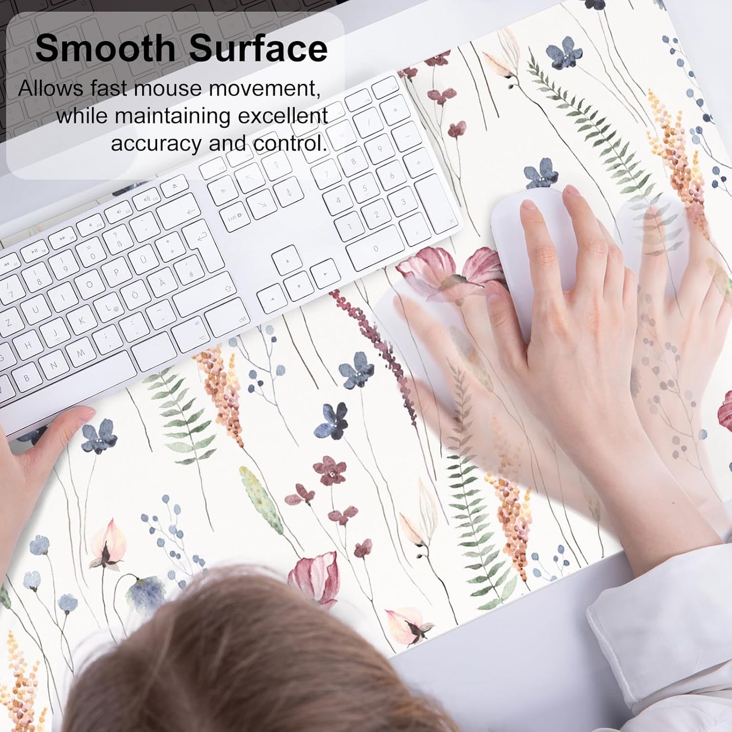 QiyI Large Mouse Pad, Cute Flower Desk Mat for Desktop, Women Girls Floral Office Décor Accessories, PU Leather Waterproof Big Gaming Mousepad, Wildflowers Desk Pad Computer Mat, 31.5" x 15.7"