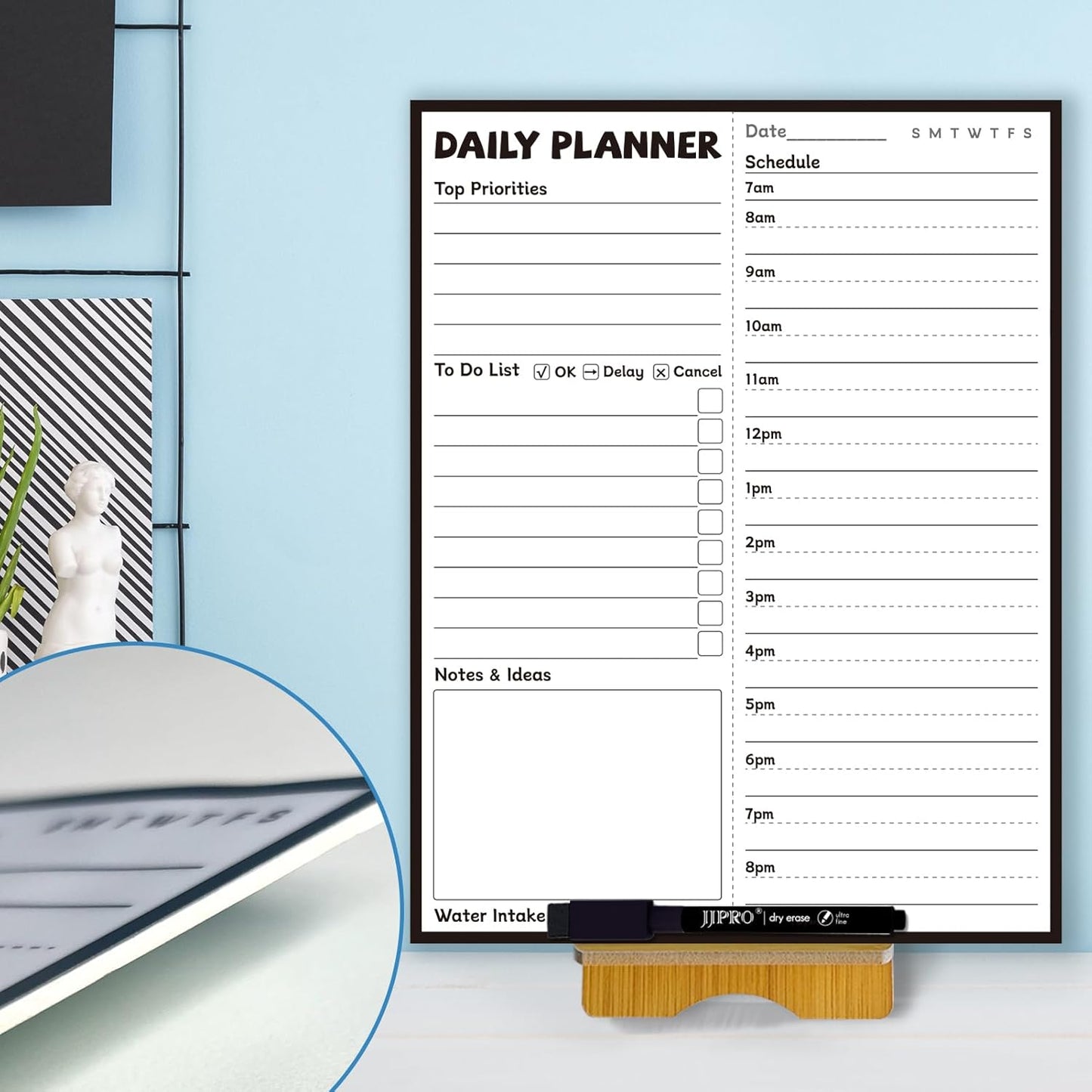 JJPRO Reusable Desktop Daily Planner with Stand,Reusable Time Schedule Board,11"x8.5" Hourly Schedule Dry Erase Board with Time Slots,Desk Hourly Dry Erase Board with Detachable Engineered Wood Stand for Office, Home