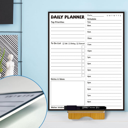 JJPRO Reusable Desktop Daily Planner with Stand,Reusable Time Schedule Board,11"x8.5" Hourly Schedule Dry Erase Board with Time Slots,Desk Hourly Dry Erase Board with Detachable Engineered Wood Stand for Office, Home