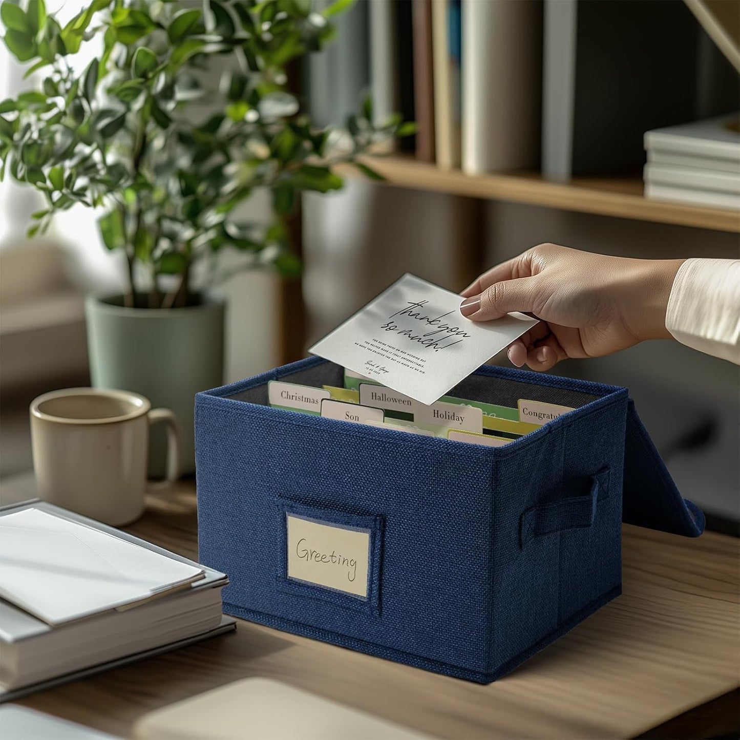 Vienrose Greeting Card Organizer Storage Box with 20 Removable Dividers, 84 Self-stick Labels, Perfect for Photos, Envelopes, Scrapbooking, Paper, Stickers Holder 1 Pack Navy