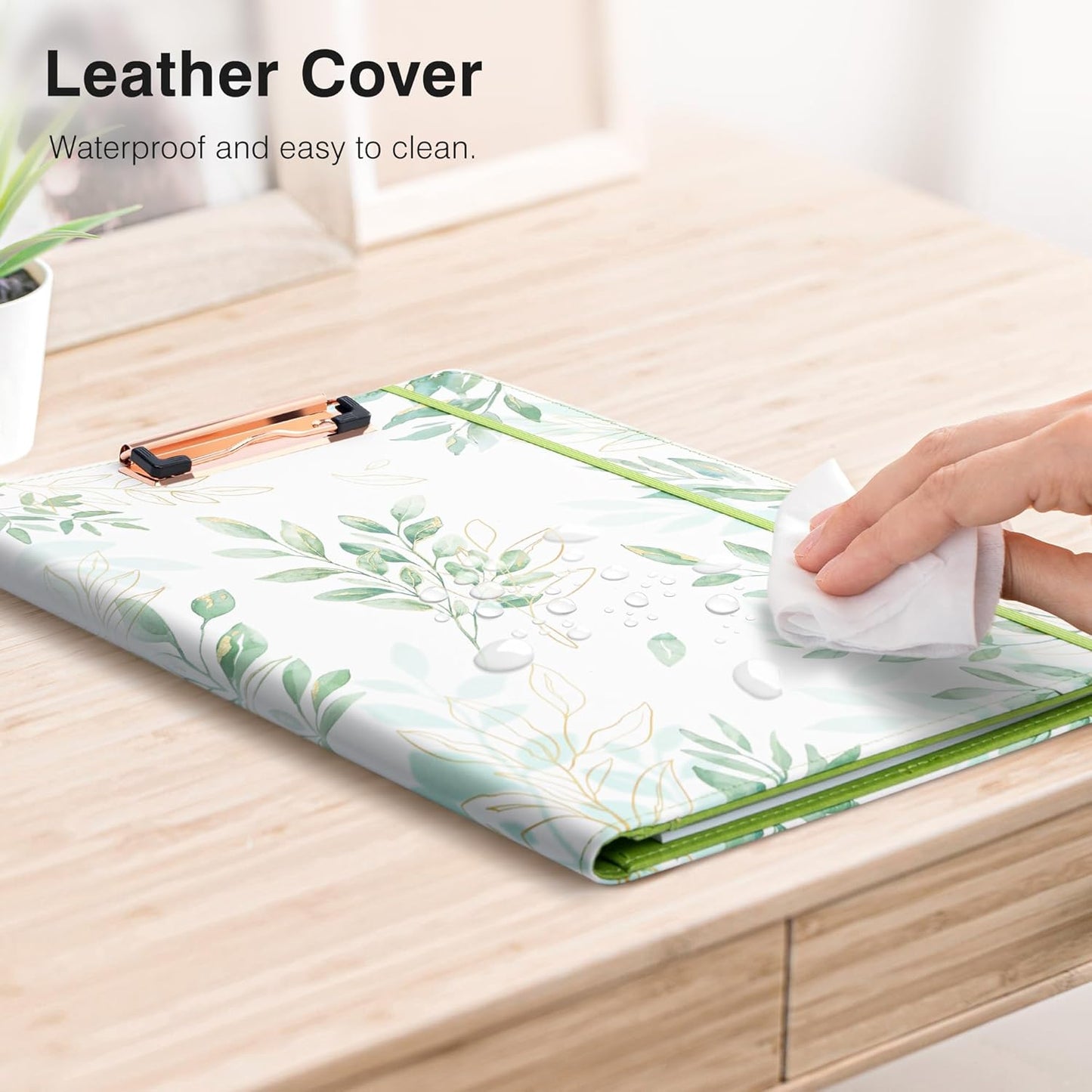 Ospelelf Foldable Faux Leather Clipboard Folio with Notepad 8.5 x 11,Green Business Padfolio for Women Portfolio Organizer, Leaf