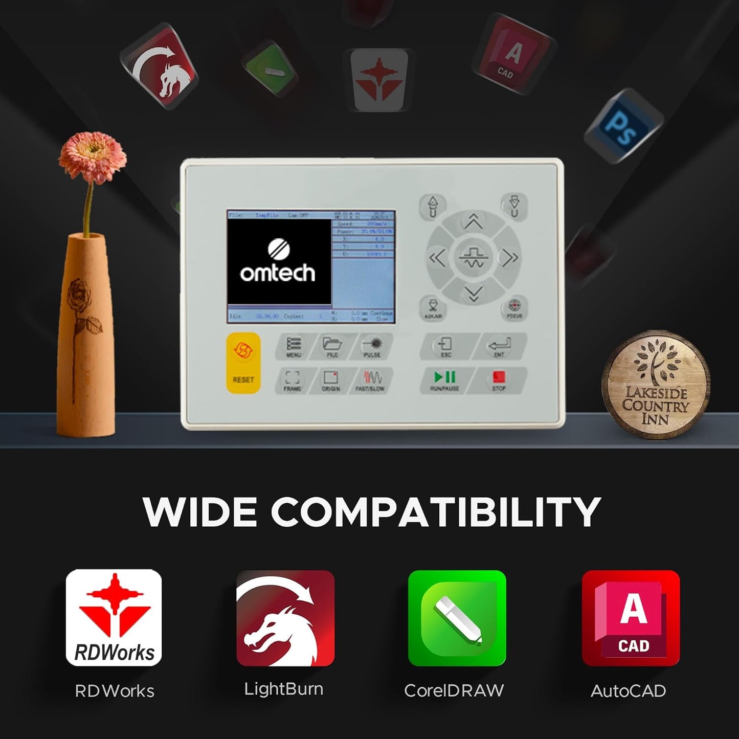 OMTech 90W CO2 Laser Engraver, 28"x20" Cutting & Engraving Machine with Air Assist, 4-Way Pass, Caster Wheels, RDWorks, for Wood, Glass, Acrylic, Leather, Cardboard