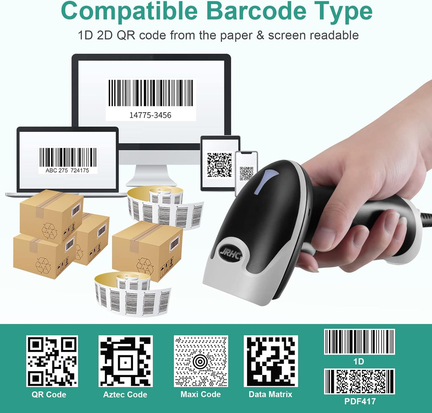 Barcode Scanner, USB Handheld QR Code Scanner Wired Connection 1D 2D&PDF417 Data Matrix Automatic Barcode Reader Plug and Play Bar Code Scanners for Store Supermarket Warehouse Library
