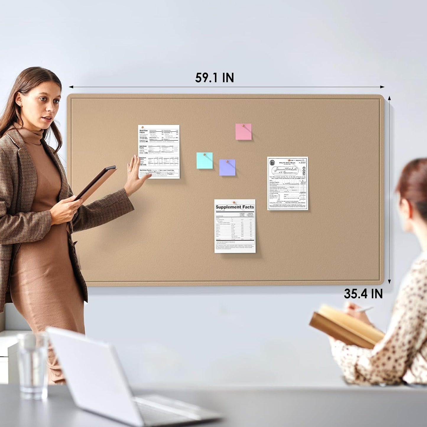 MaxGear Extra Large Bulletin Board 60" x 36", Foldable Felt Board Vision Board Supplies, Cork Board for Office, Home, School, Small Pin Boards for Walls Decorative Display Board Beige Brown