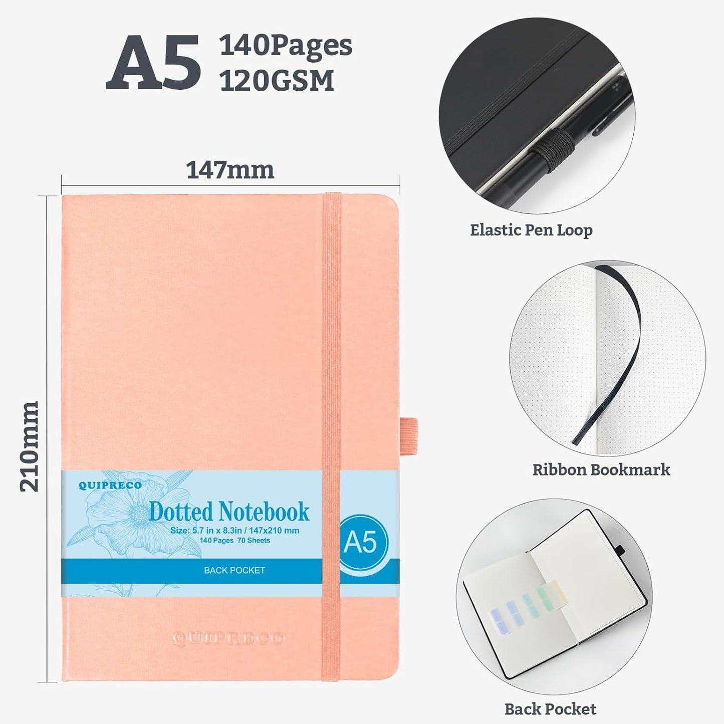 2Pack Bullet Dotted Hardcover Journal Notebook, A5 140 Pages 120Gsm Thick Paper for School,Note Taking,Work,Diary，5.7"*8.3",Blush