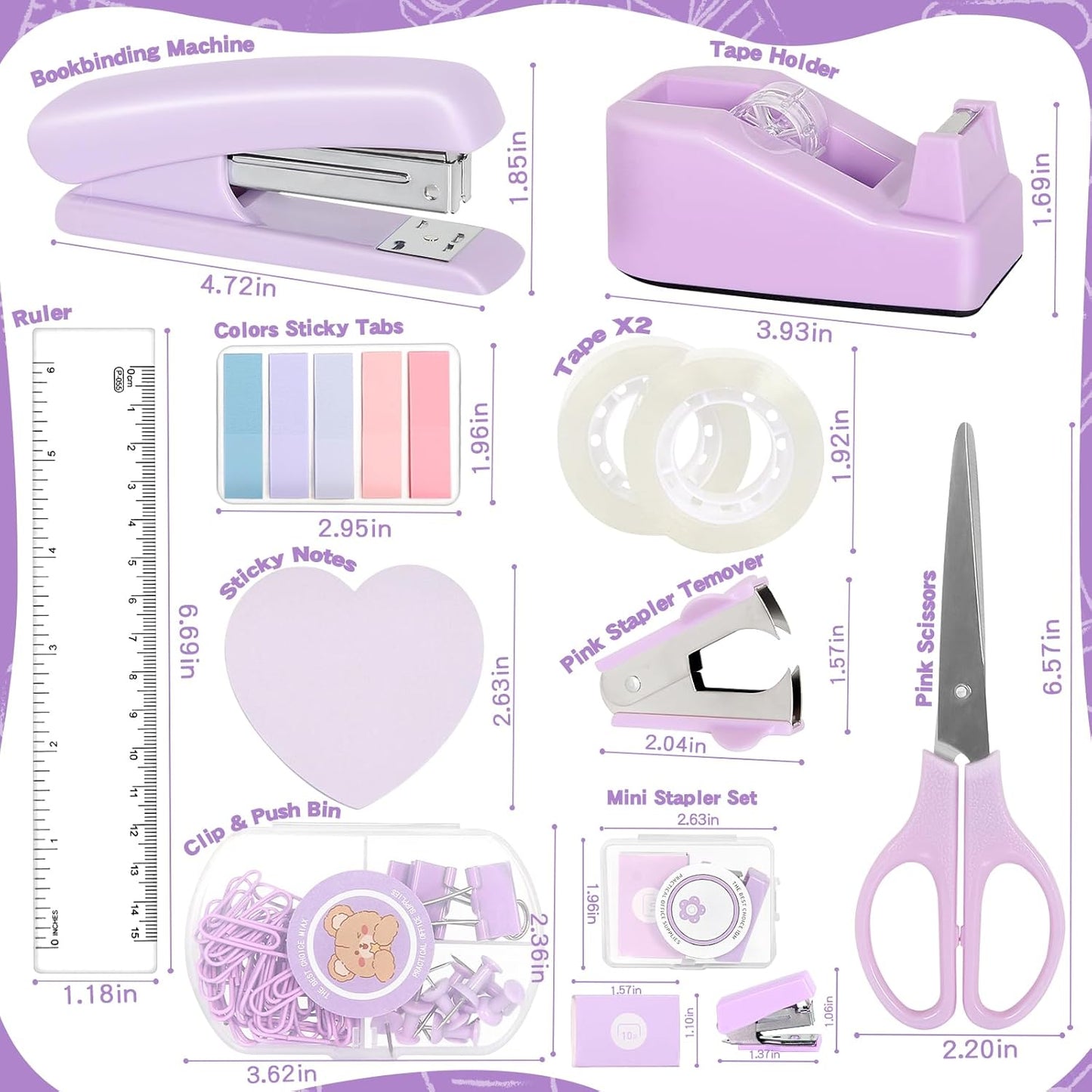 Office Supplies Set, Purple Stapler and Tape Dispenser Set with Staple Remover, Stapler and Staples Set with 1000 Staples, Clips, Tape, Scissor and Tabs, Desk Accessories for Women Student