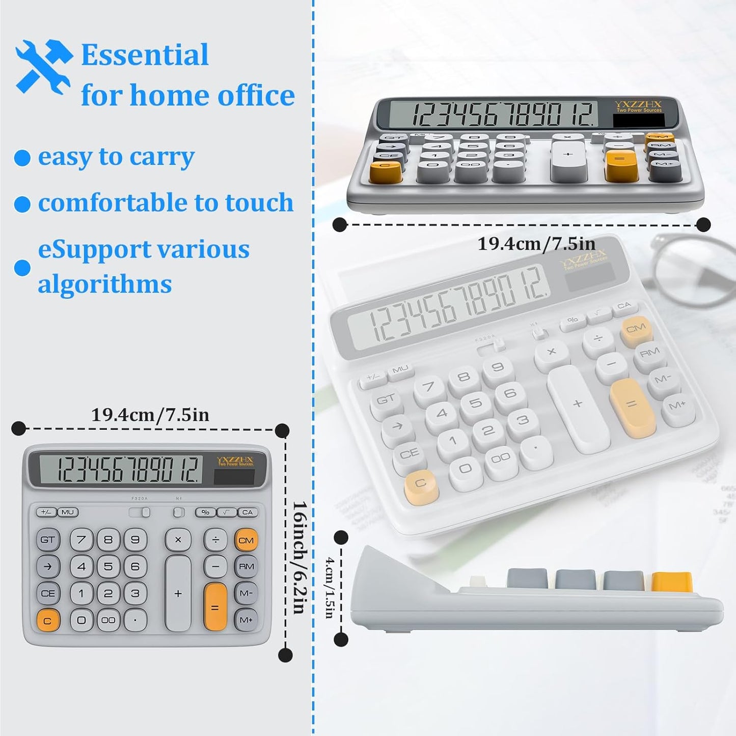 Desktop Calculator with Extra Large 5-Inch LCD Display, 12-Digit Two Way Power Solar & Battery Office Calculator with Big Buttons for Business, Accounting & Home Use(Grey)