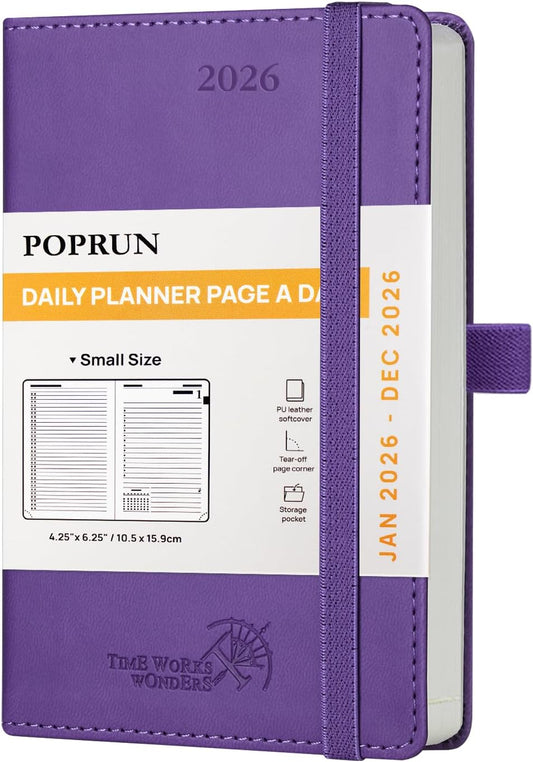 POPRUN Daily Planner 2026 (Jan - Dec), (Purse Size-4.25" x 6.25") 2026 Daily Calendar with One Page Per Day Even Weekends, Hourly Appointment Book with Pocket, PU Leather Softcover - Purple