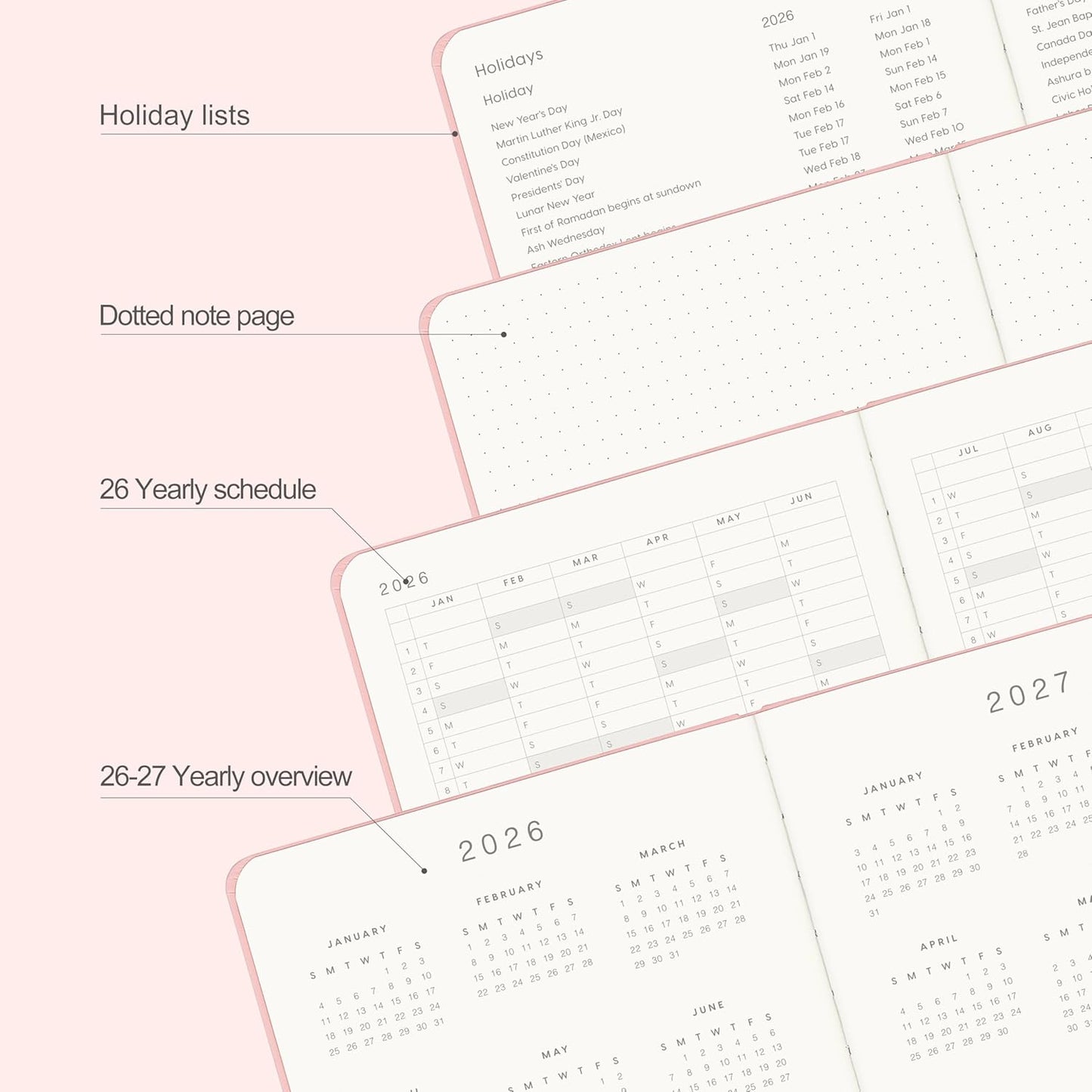 And Per Se 2026 Planner-Daily, Weekly & 15-Monthly Leather Hardcover Planner, 5.7" x 8", Daily Schedule, Monthly Tabs, 100 GSM Thick Paper, Back Pocket(Pink)