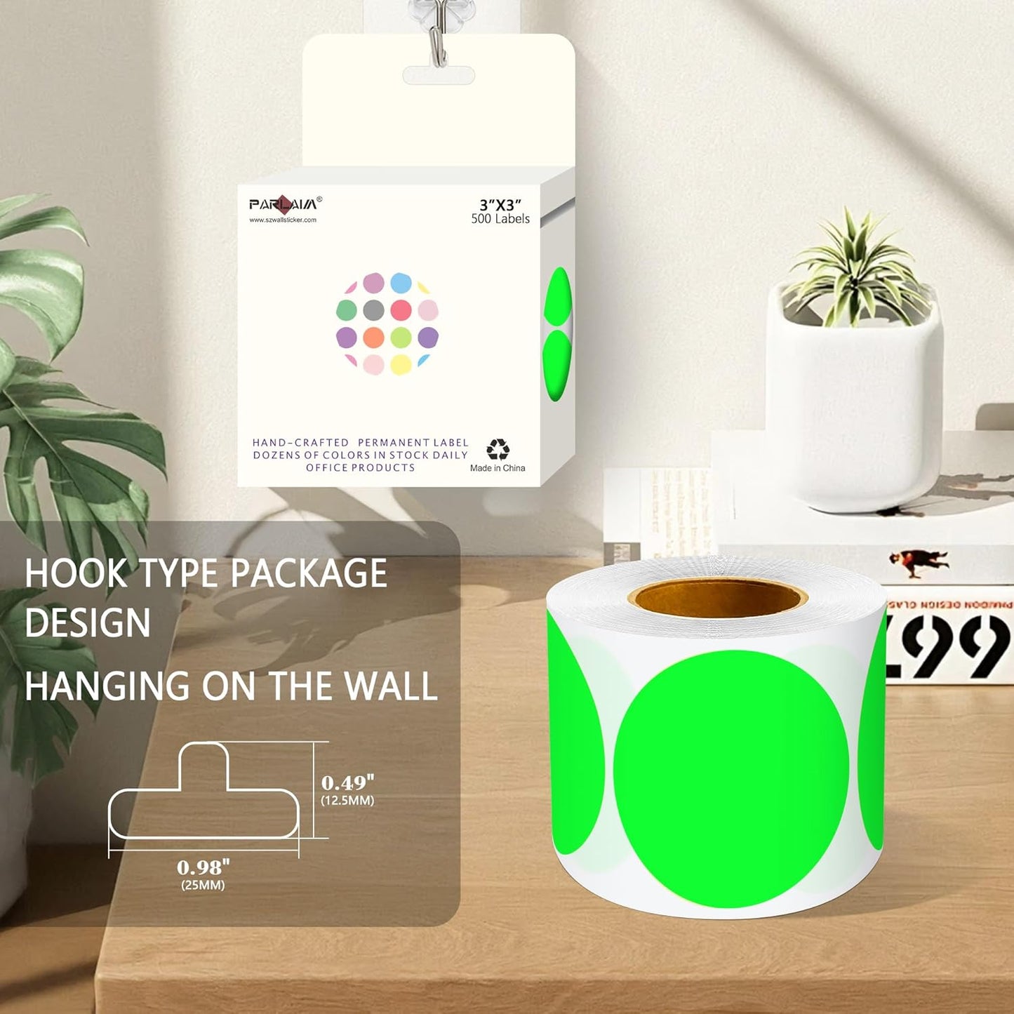 PARLAIM 3" Diameter Round Fluorescent Green Color Coding Sticker, 4 Rolls 2000PCS Circle Dot Label,Permanent for Inventory Box Labeling