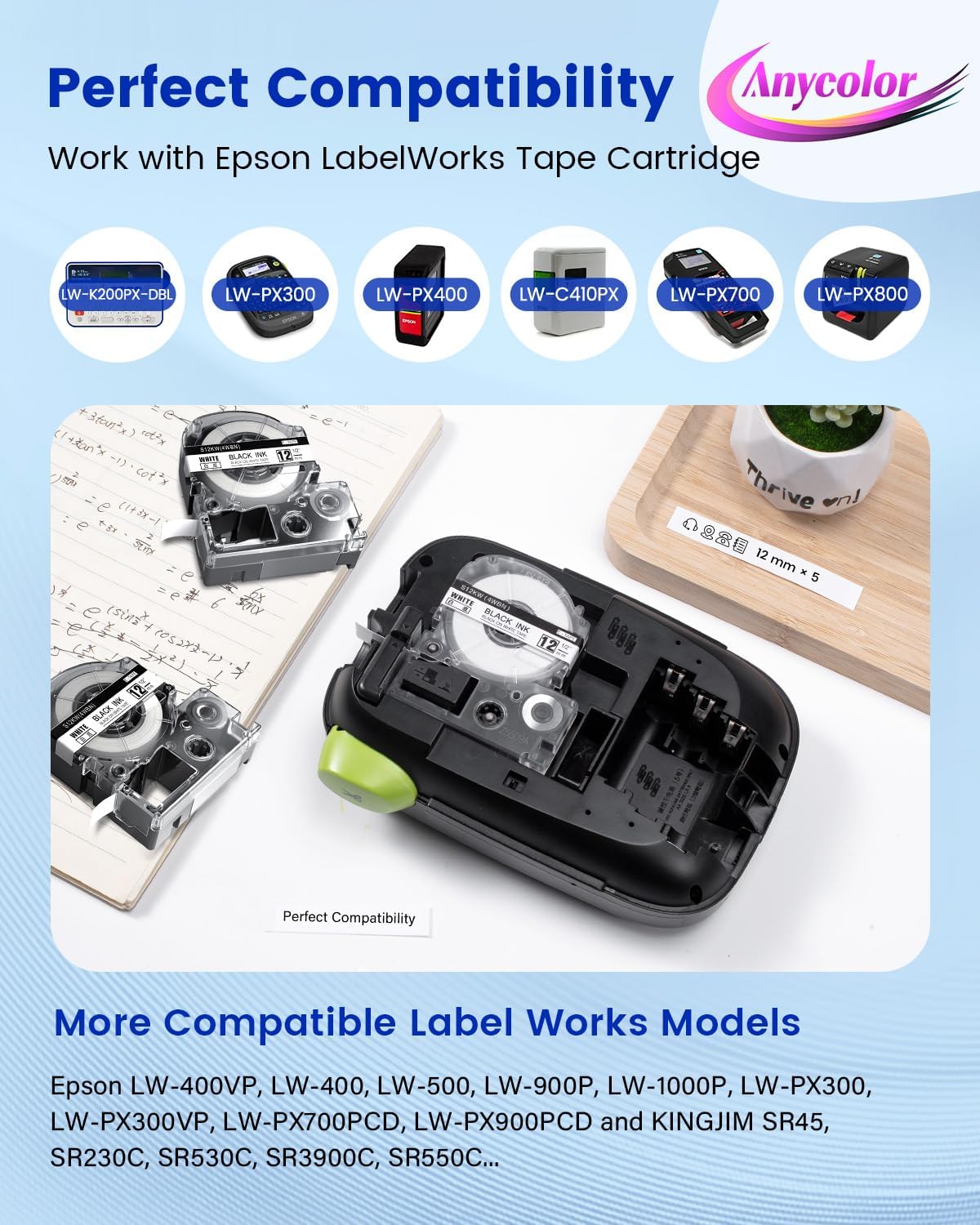 Anycolor Compatible with Epson Label Maker Tape 12mm LK-4WBN LC-4WBN 4WBN9 SS12KW 1/2" Black on White 0.47" Label Tape Work for Epson LabelWorks LW300 LW400 LW500 LW700 LW-K200PX Label Maker, 5-Pack
