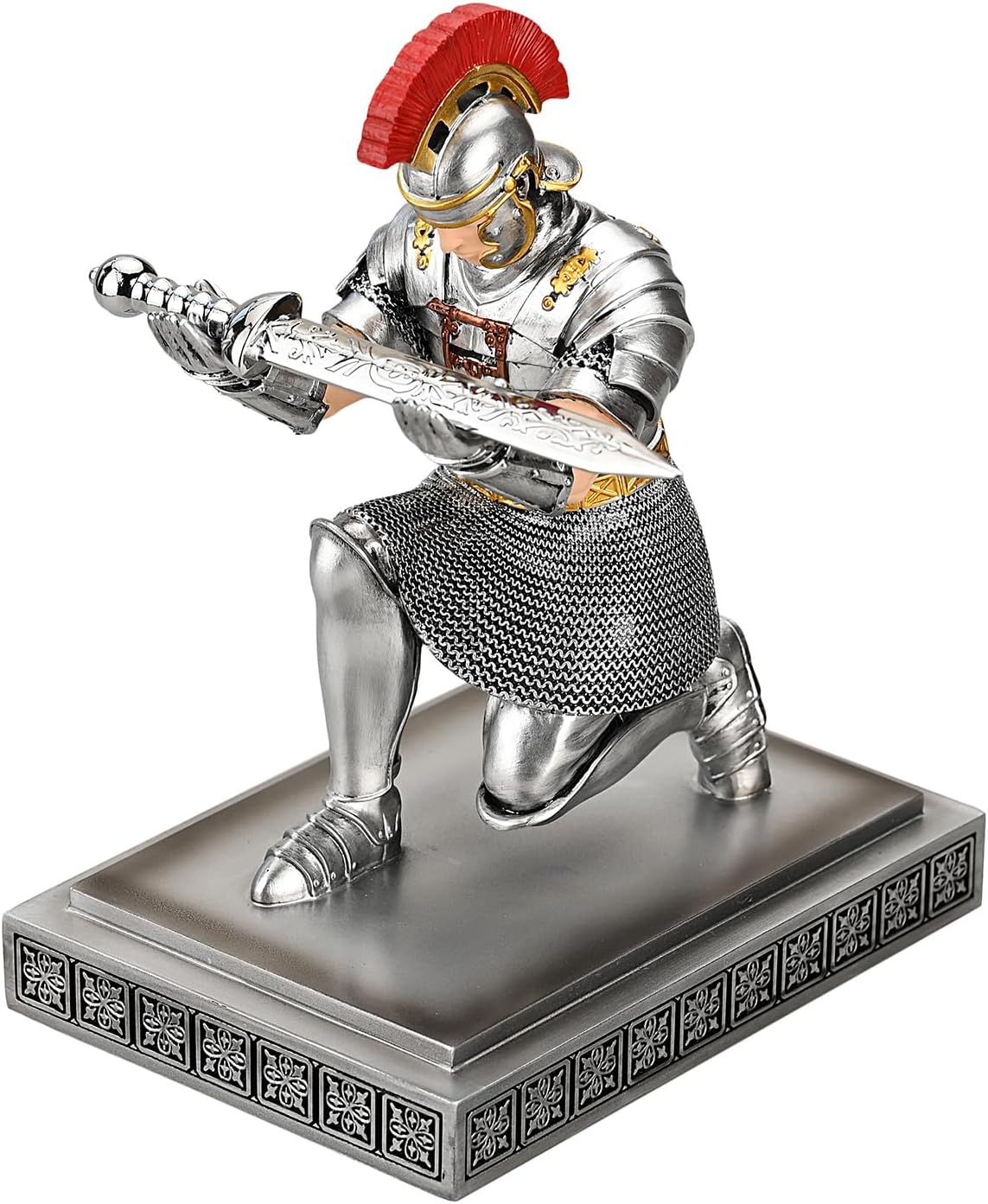 Roman Praetorian Warrior Knight Pen Holder Desk Ornament Resin Pencil Holder Desk Accessories and Organizer for Office with a Letter Opener (Silver)