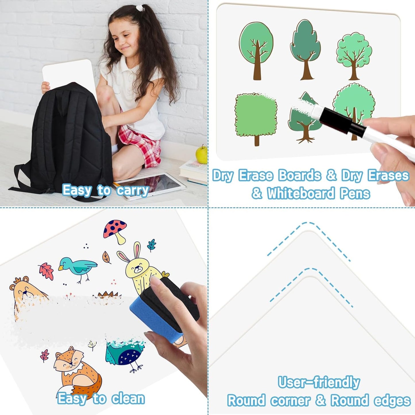 Set of 12 Small White Board Dry Erase Boards Classroom Pack 9" x12” Double Sided Personal Whiteboards for Students Teachers School Supplies Lapboards Mini Whiteboard Erasers Incl and Colors Pens