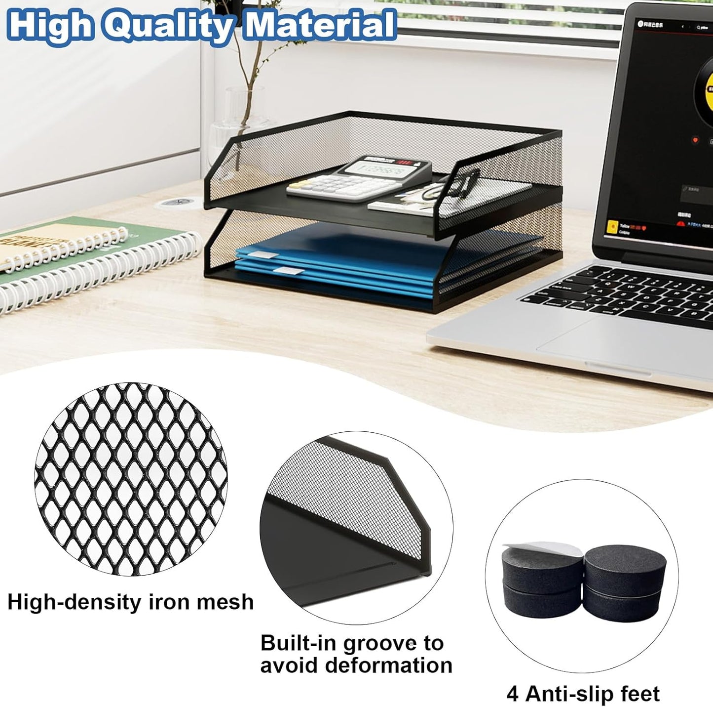 Natwind 2-Tier Stackable Paper Tray, Metal Mesh Desktop Organizer, A4 Desk Organizer, Stackable Letter Trays,File Folder Sorter Organizer with Sliding Tray for Home, Office, School (Black)