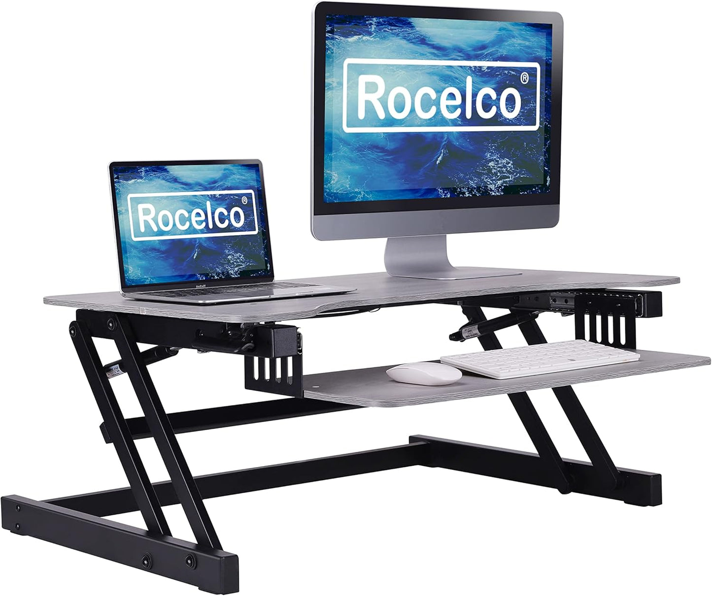 Rocelco 37.5" Deluxe Height Adjustable Standing Desk Converter - Quick Sit Stand Up Dual Monitor Riser - Gas Spring Assist Computer Workstation - Large Retractable Keyboard Tray - Gray (R DADRG)
