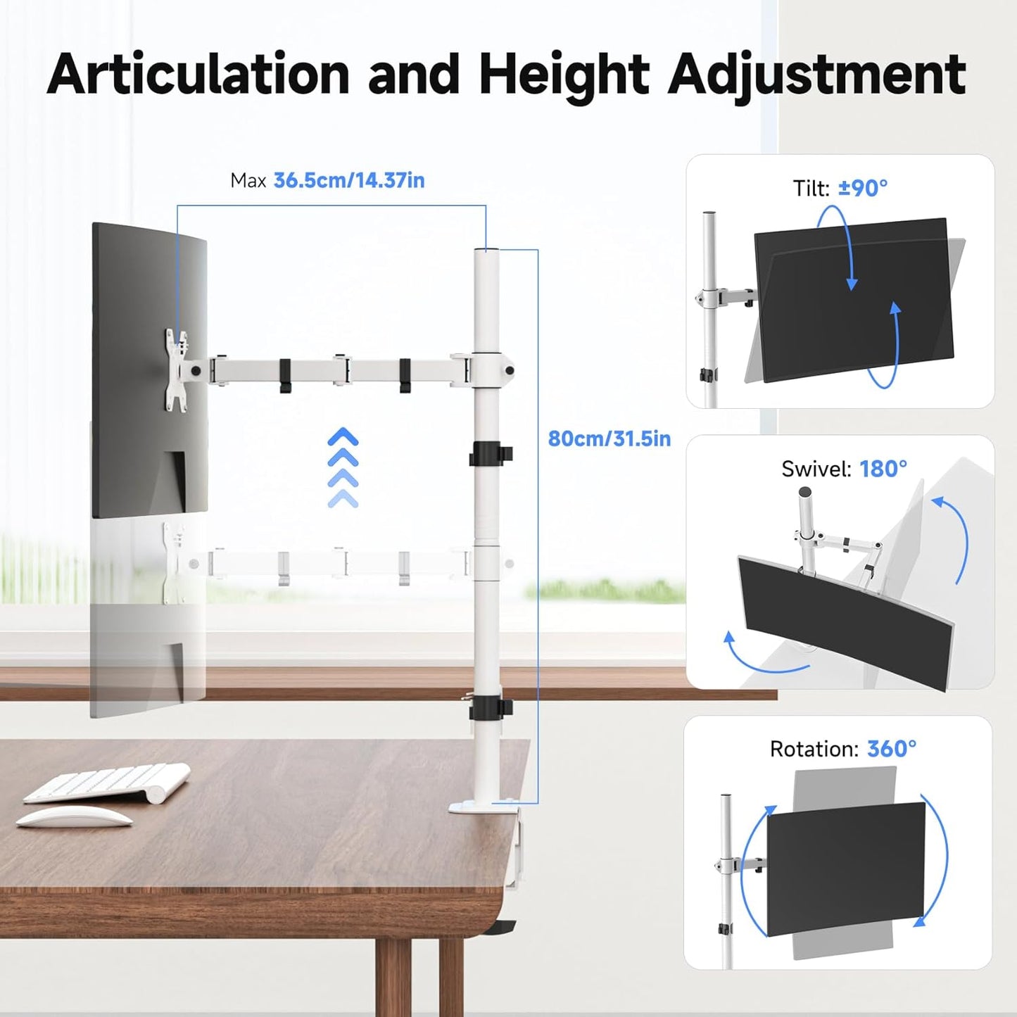 Suptek Single Monitor Arm Desk Mount Fully Adjustable Monitor Stand for 1 / One Screen up to 32 inch Extra Tall 31.5 inch Pole,White (MD6821W)