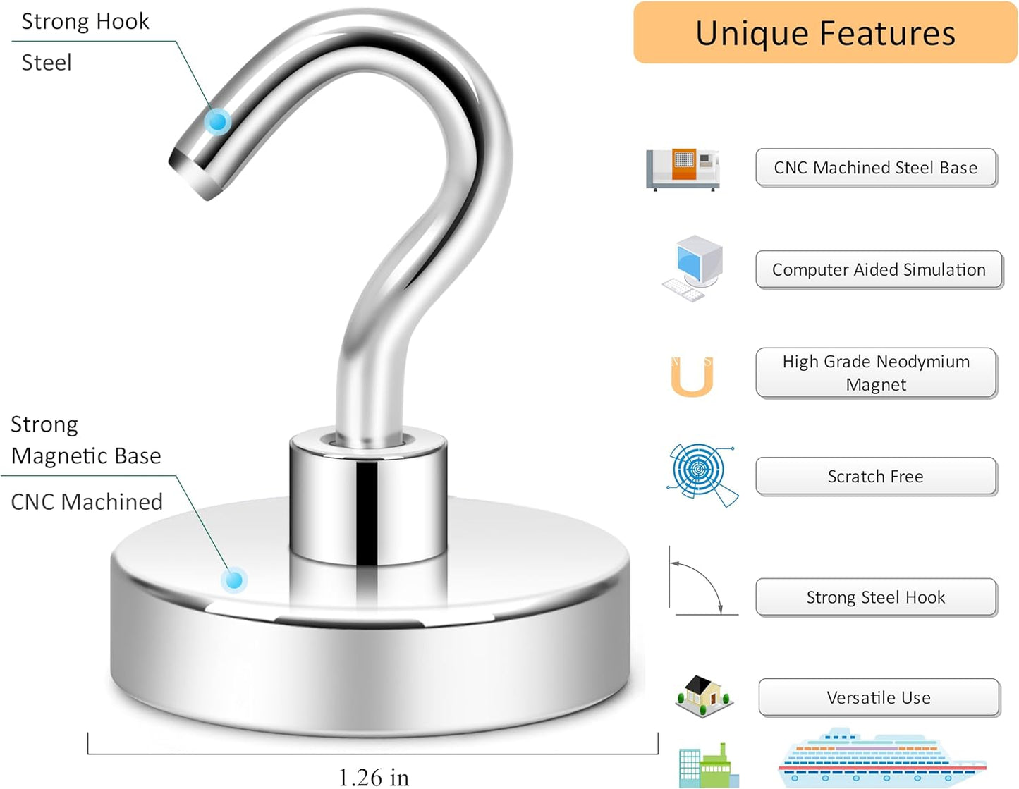 Neosmuk Magnetic Hooks for Cruise Cabins, Heavy Duty 130lb Strong Magnet Hook, Cruise Ship Essentials for Hanging, Metal Wall Refrigerator Hangers (Silver White, 4 Pack)