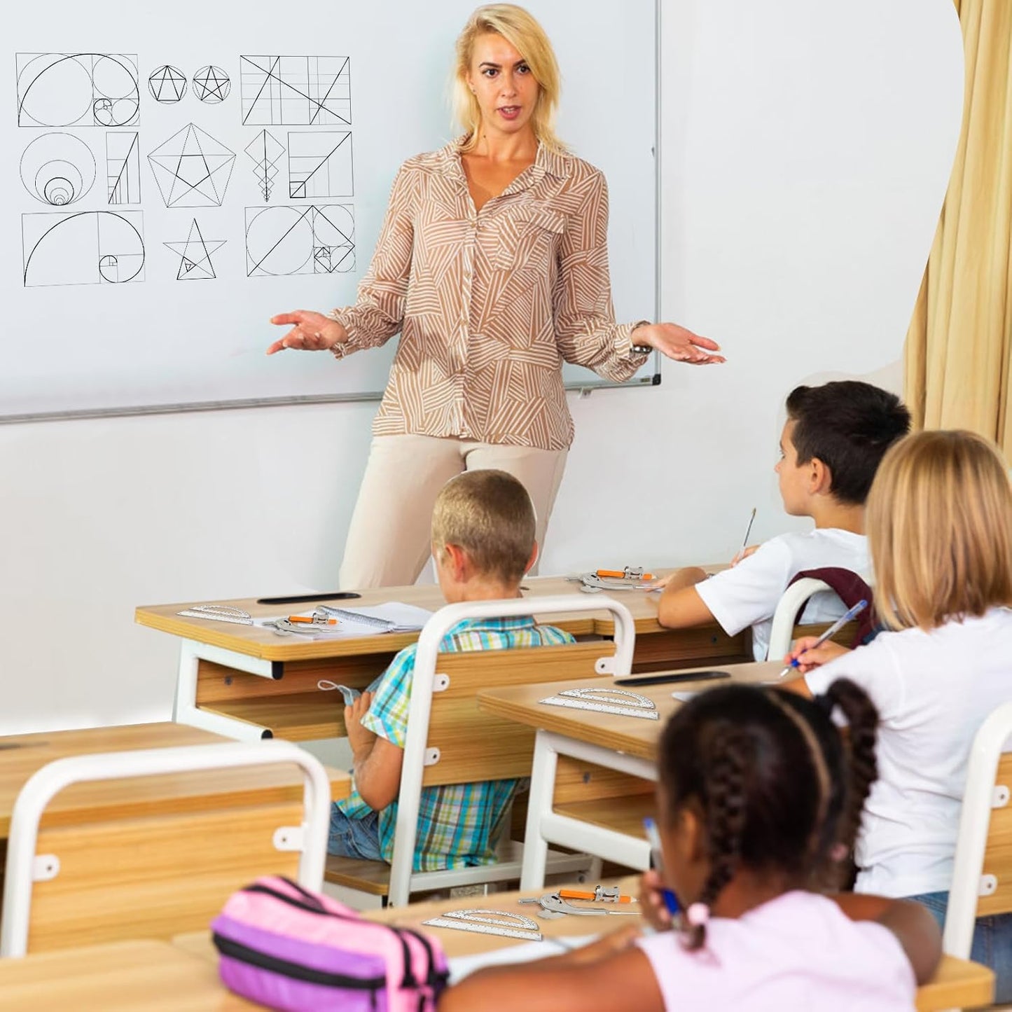 120 Pieces Geometry Math Set Compass for Geometry Math Compass and Protractor Set Include Metal Compass with Pencil Plastic Ruler and Protractor for Student School Office Woodworking Drawing Tools