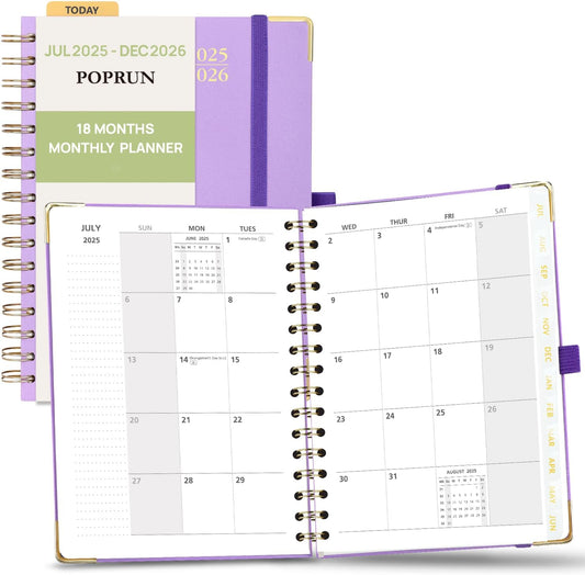 POPRUN Monthly Planner 2025-2026 Spiral Hardcover (6.25'' x 8.5''), 18 Months Calendar (Jul.2025 - Dec.2026)- 2 Pages per Month with Dotted Note Pages, Sunday Start, Laminated Tab - Violet