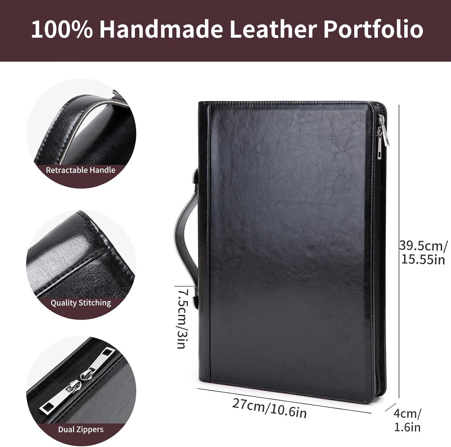 Personalized Vegan Leather 3 Ring Binder Portfolio, Custom 8.5 x 14 Legal Size Pad Padfolio, Hidden Handle, 15” Laptop Organizer, Zip Professional Business Folio, Black