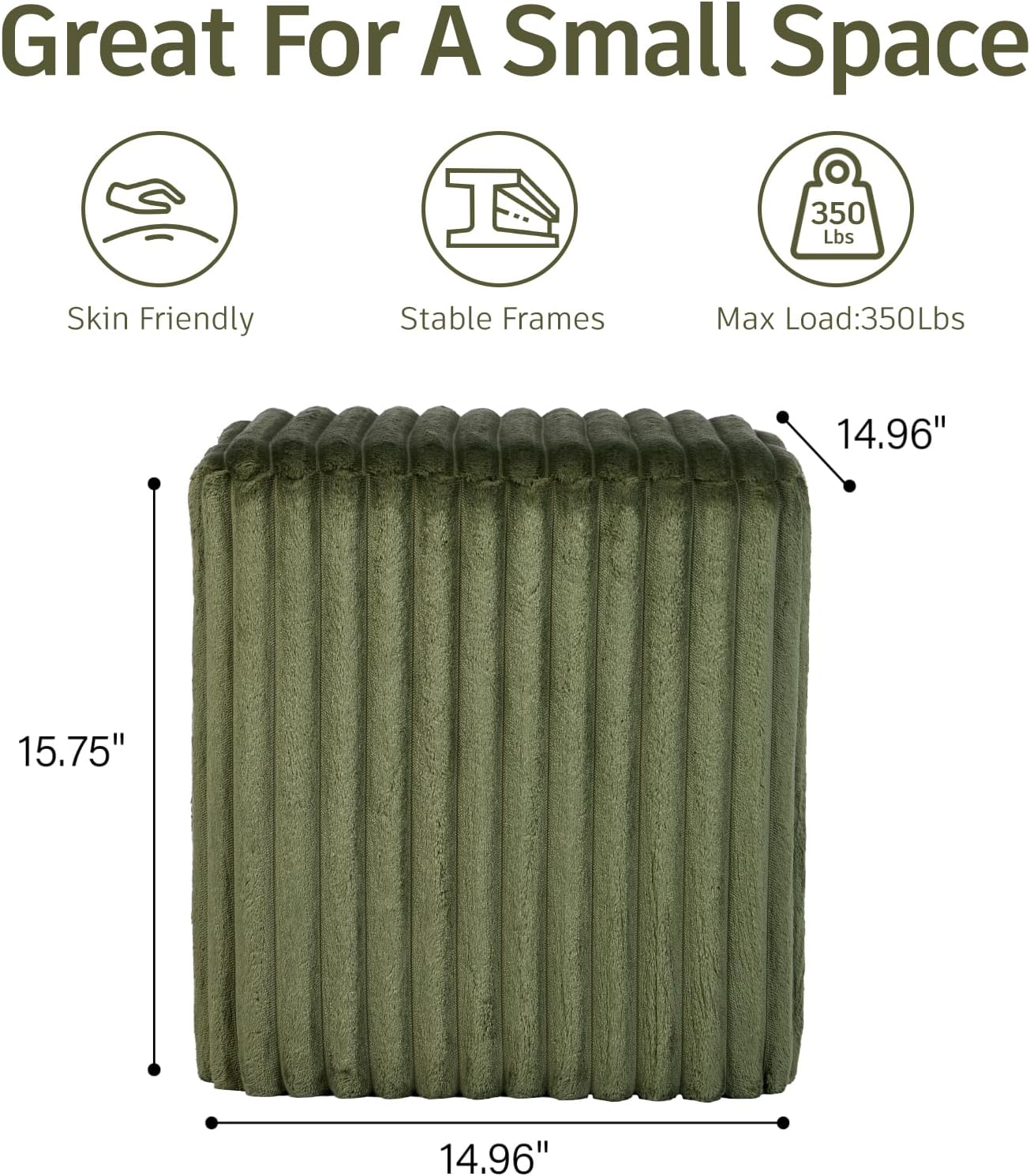 Modern Square Ottoman, Vertical Channel Tufted Foot Stool Ottoman, Velvet Upholstered Vanity Stool for Makeup, Bedroom, Living Room, Dark Green