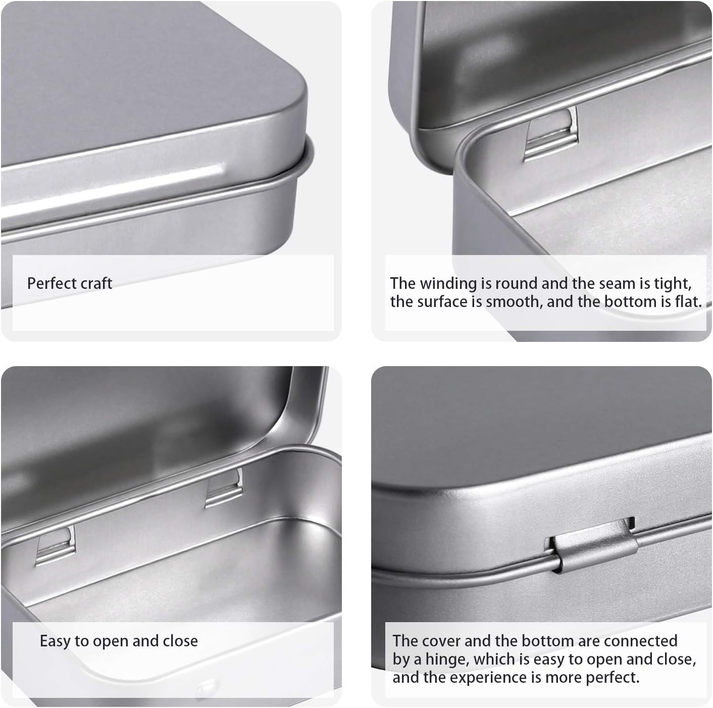 Metal Rectangular Empty Hinged Tins - Pack of 40 Silver Mini Portable Box Small Storage Kit & Home Organizer with lids craft containers 3-1/2''X2-1/2''X4/5''