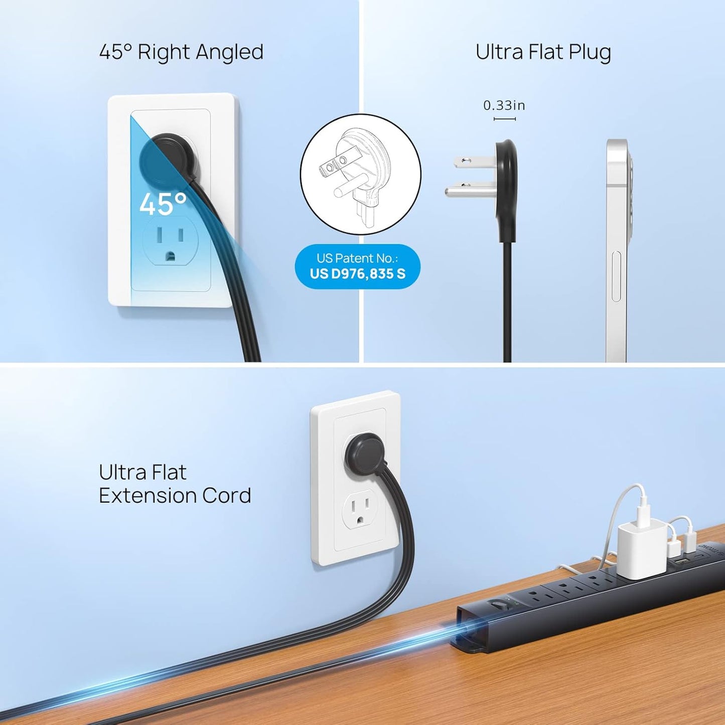 TROND Flat Plug Power Strip USB-10ft Flat Extension Cord Surge Protector Wall Mount, 2 USB C & 2 USB A Ports with Multiple Outlets, 1440J, 1625W for Office Supplies Dorm Room Essentials, Black